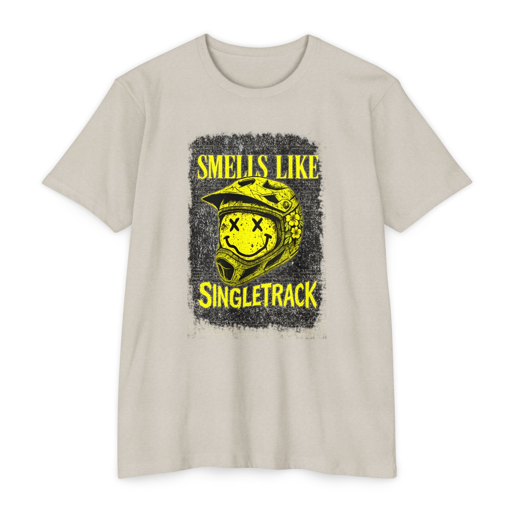 Beige t-shirt with graphic design and text 'Smells Like Singletrack' on a white background