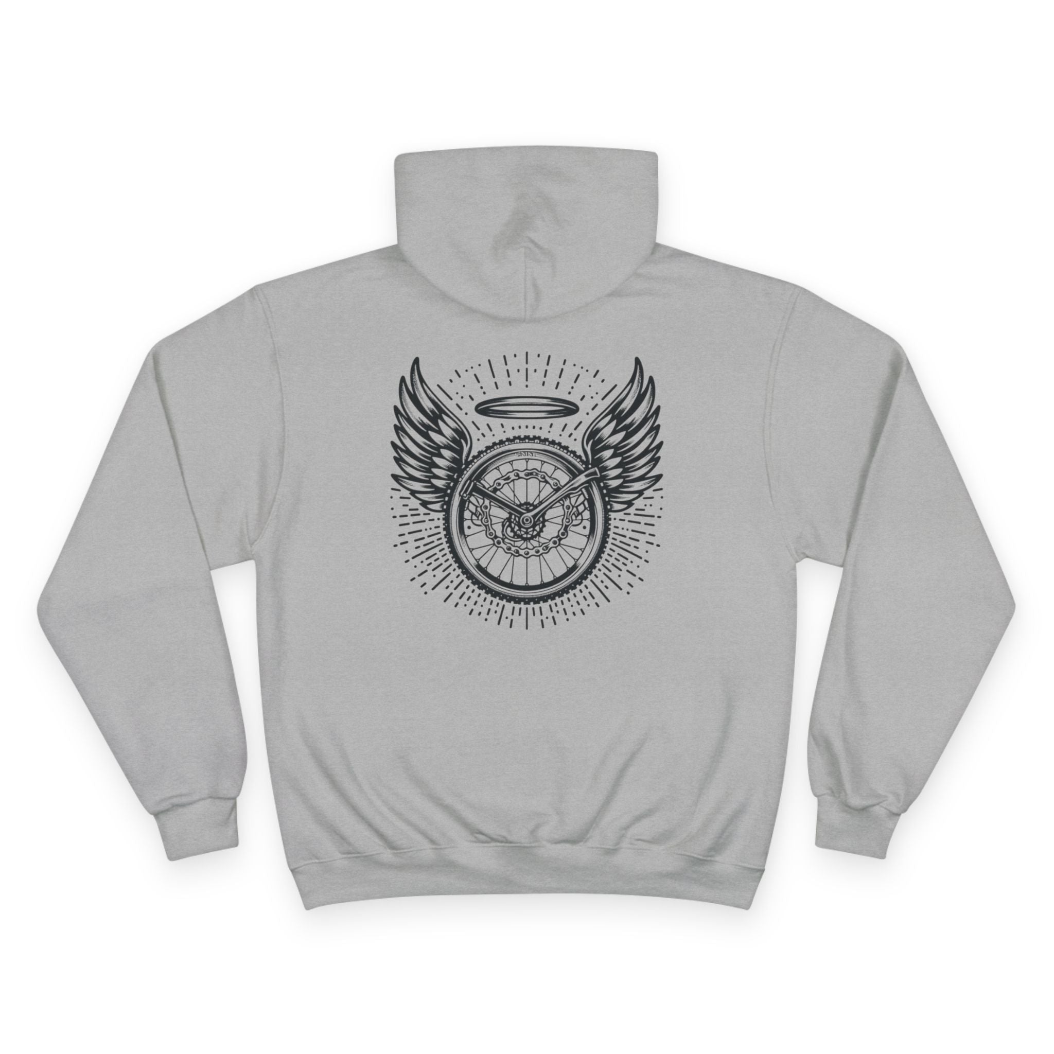 Gray Champion Eco Hoodie back print with tattoo-style winged wheel design, combining MTB culture with eco-conscious activewear.
