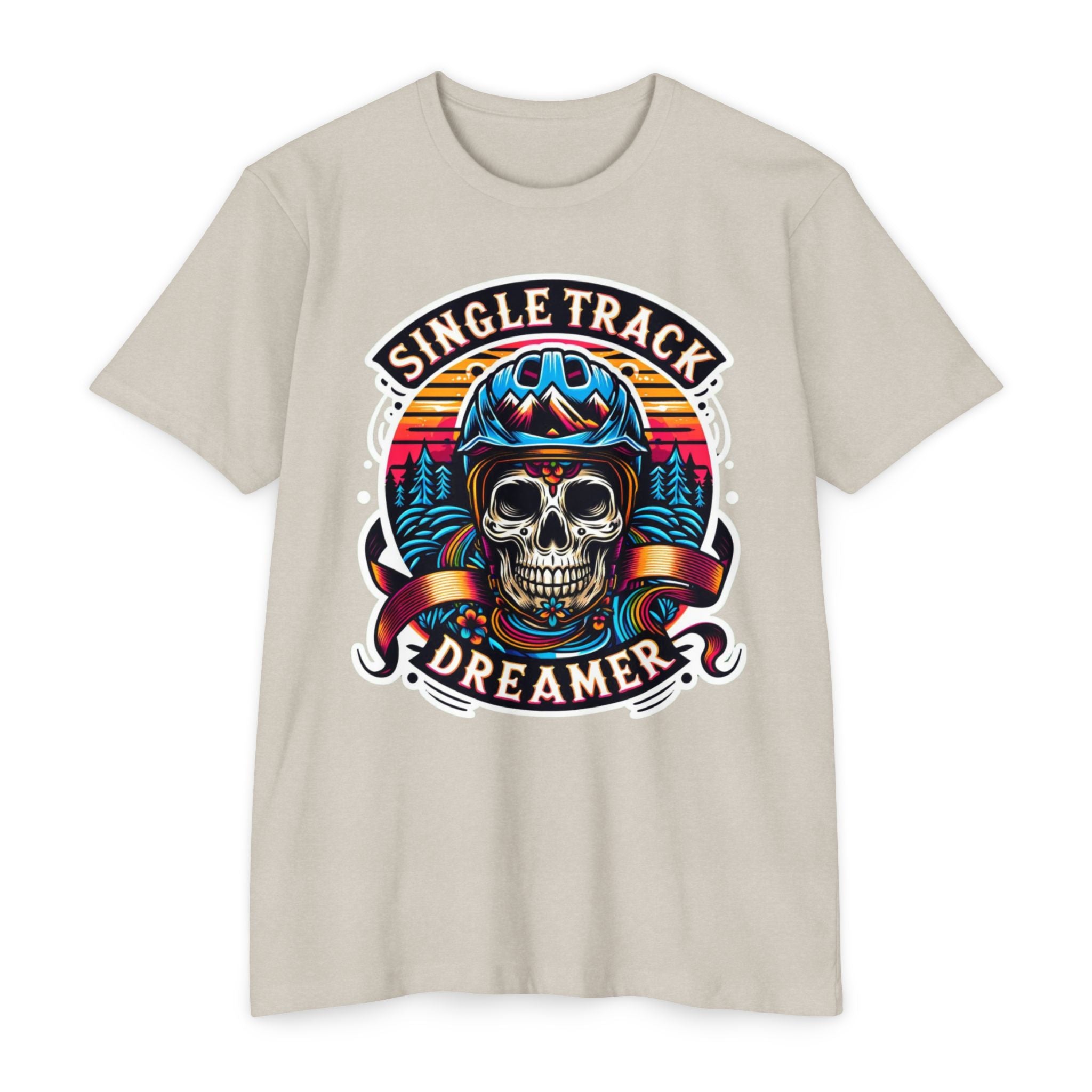Vintage Skull Rider Tee in beige with bold 'Single Track Dreamer' graphic, perfect for MTB streetwear and biker lifestyle apparel.