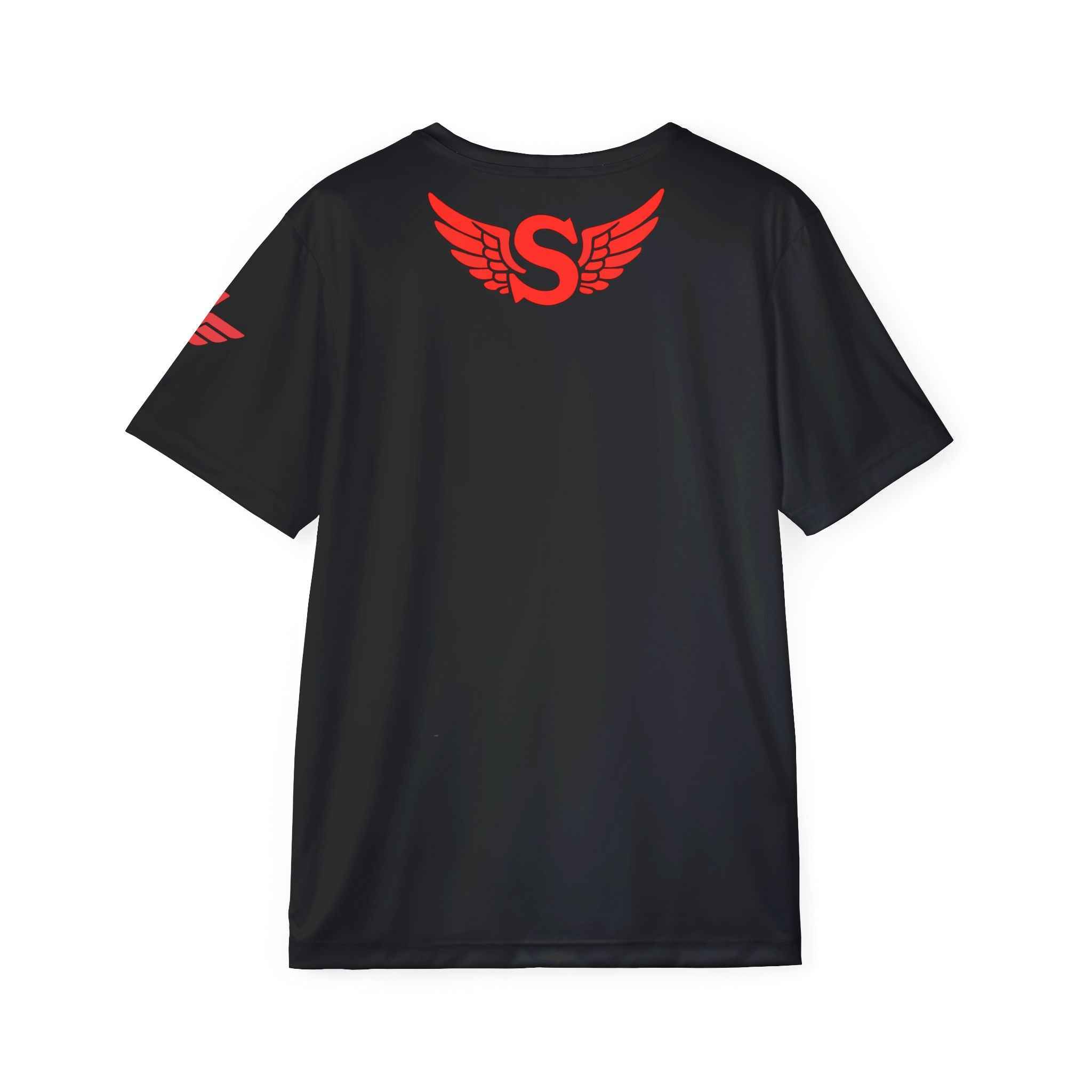 Black t-shirt with red logo on the back against a white background