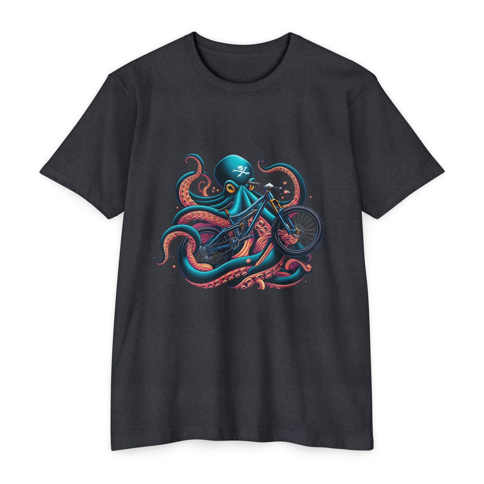 Black t-shirt with a colorful octopus riding a bicycle graphic on a white background
