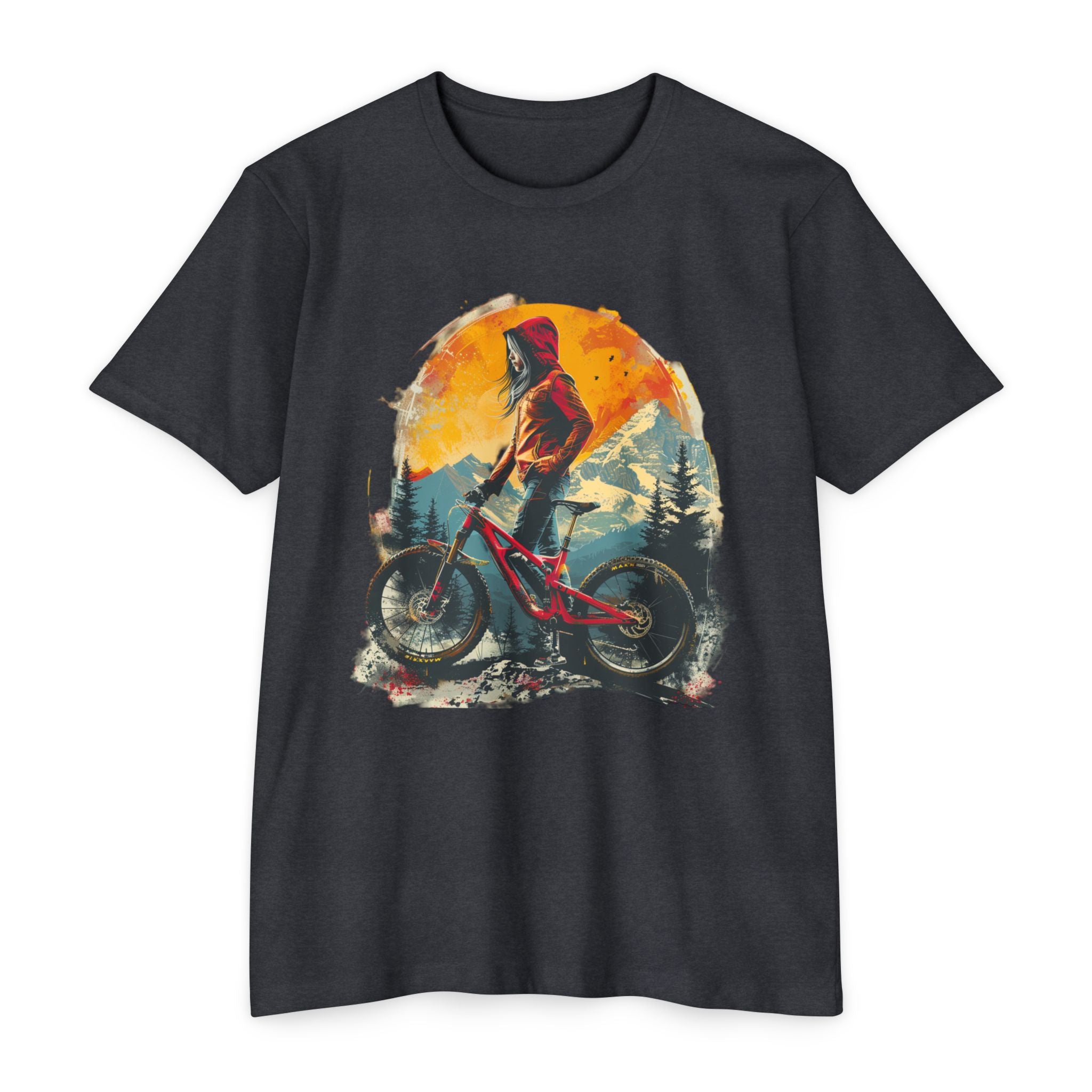 Women’s Mountain Bike Rider T-Shirt – Trail Sunset Art