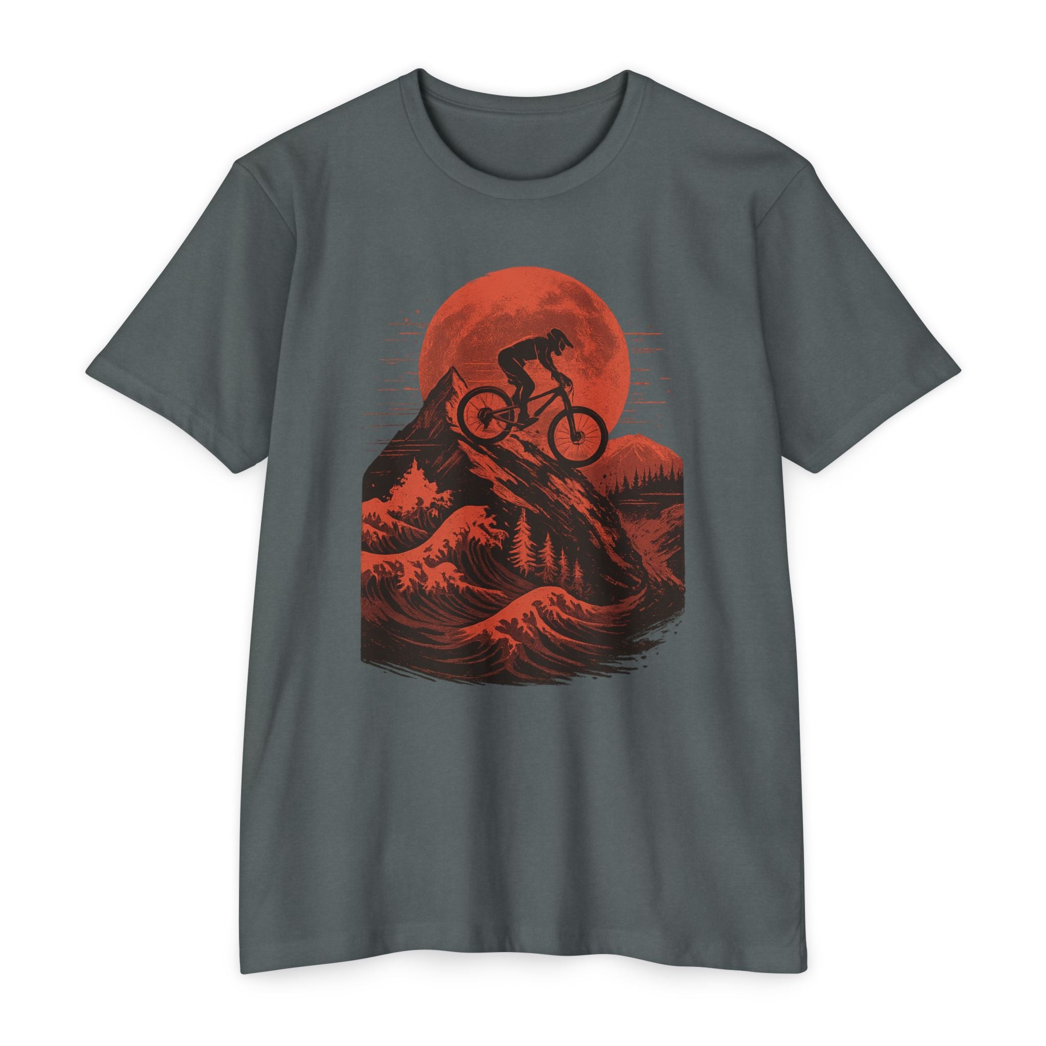 Adventure Tee - Blood Moon features a mountain biker silhouette riding downhill against a vivid red moon and rugged landscape. Ideal for MTB lifestyle apparel.