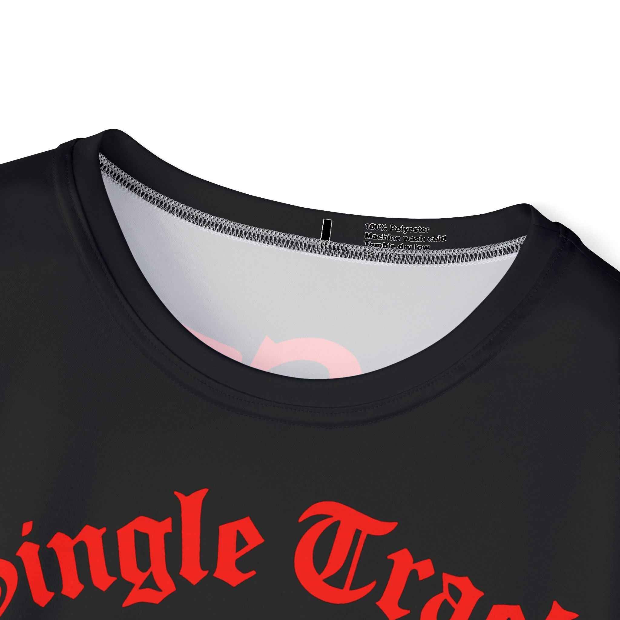 Black t-shirt with red text 'Single Traces' on a white background