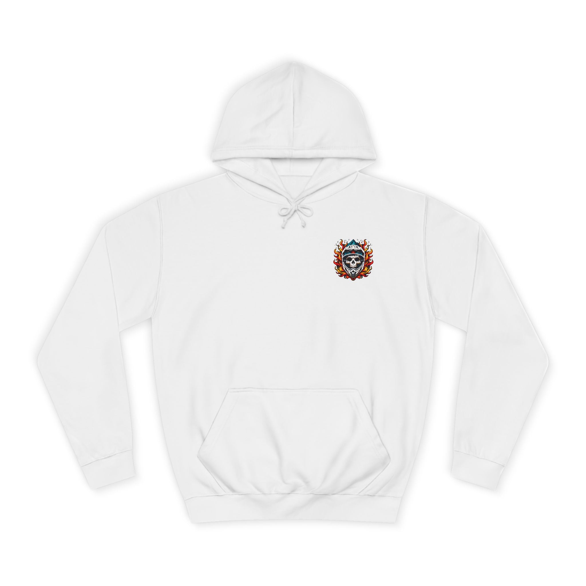 White Flaming Skull MTB Hoodie with small front chest biker skull flame design, ideal for trail riders and MTB streetwear fans.