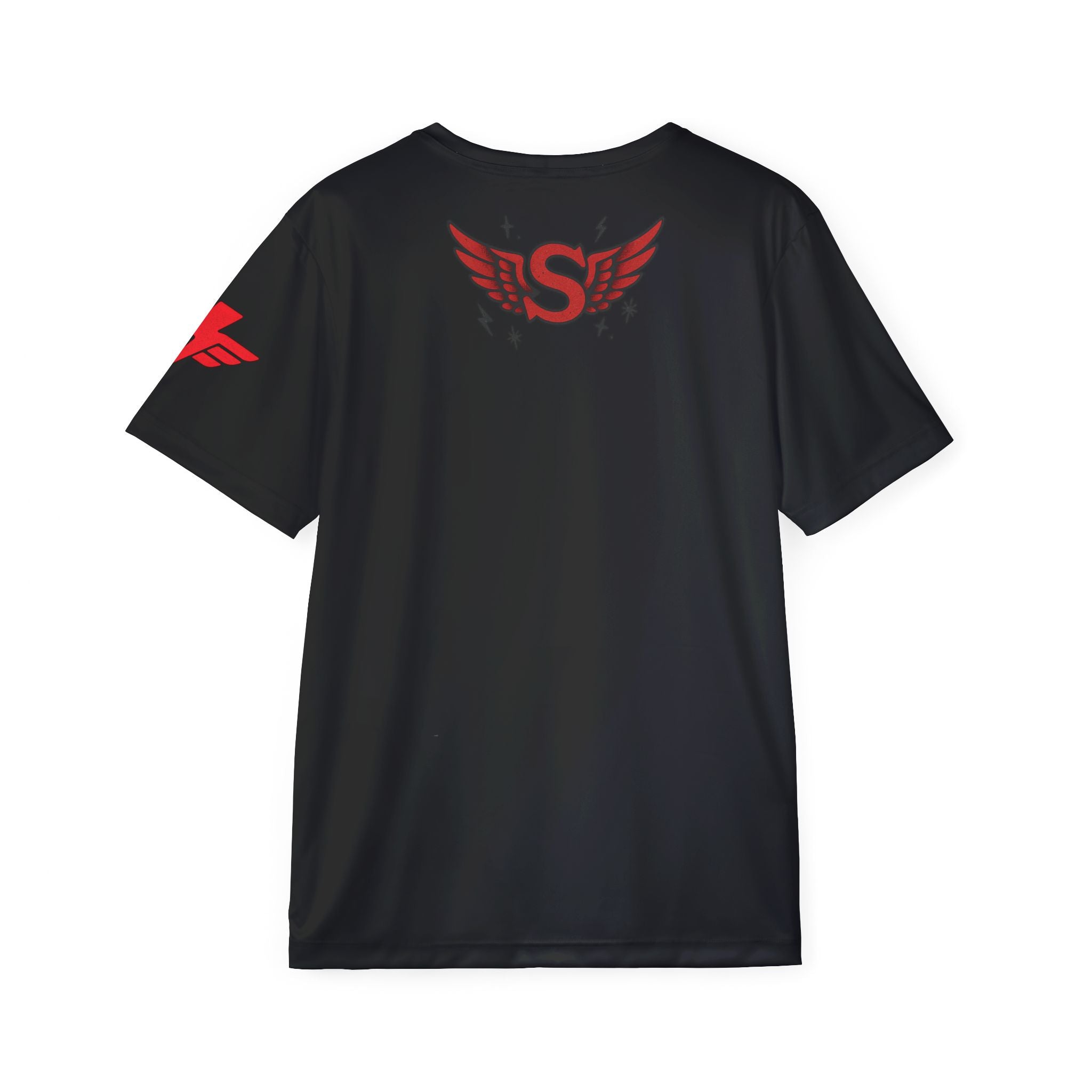 Black t-shirt with red winged logo on sleeve and back against a white background