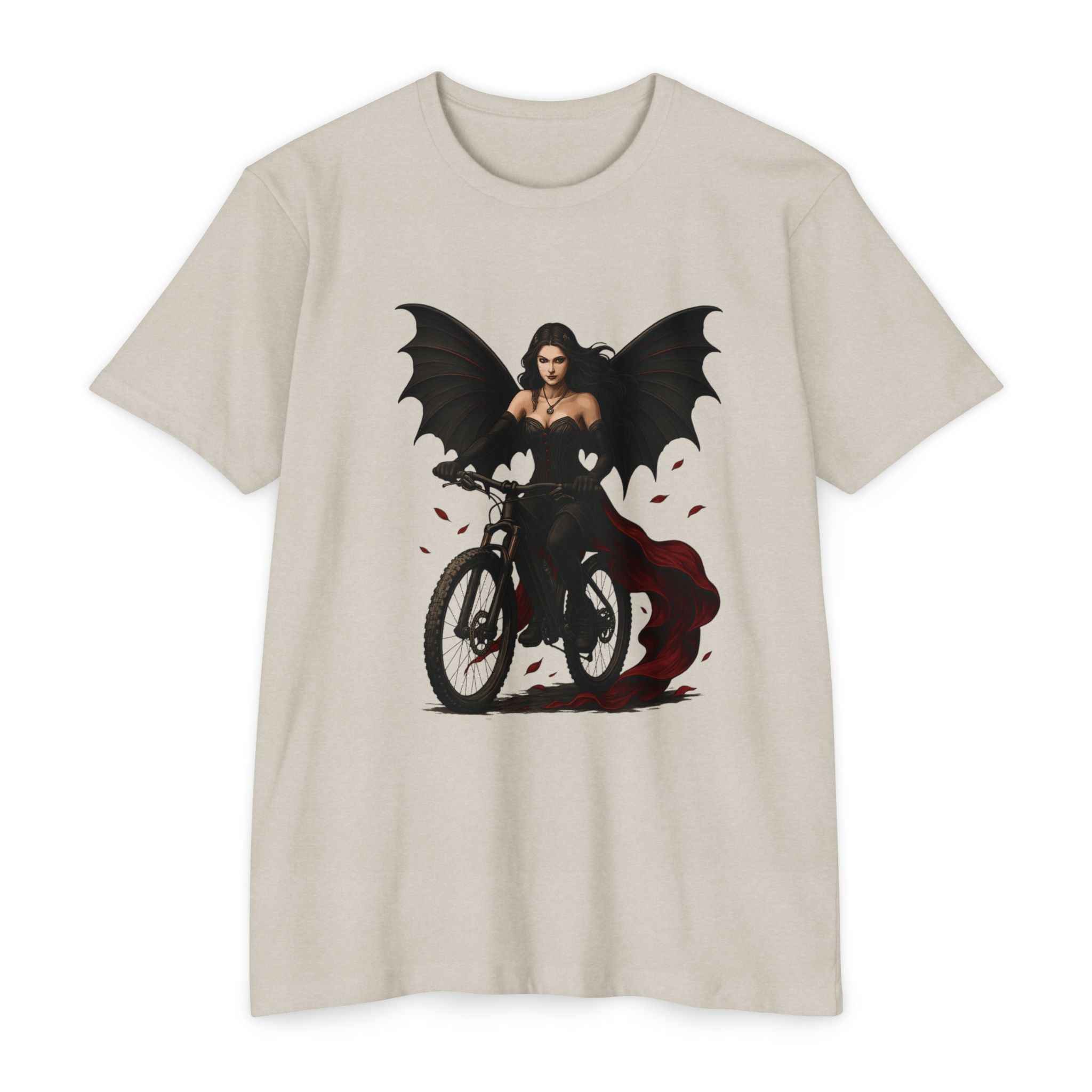 Adventure T-Shirt - Women's Mountain Bike in beige with gothic biker angel graphic, perfect for bold female riders and MTB lifestyle fashion.