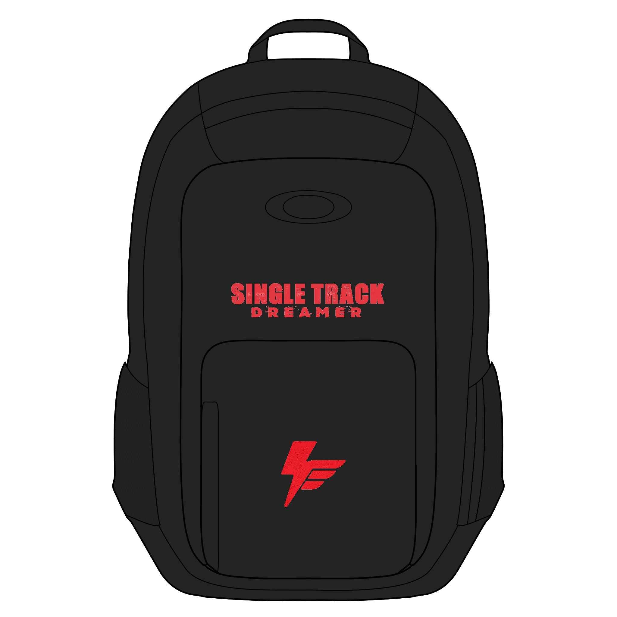 Enduro Adventure Backpack in black with red 'Single Track Dreamer' logo, ideal for mountain biking and outdoor cycling gear storage.