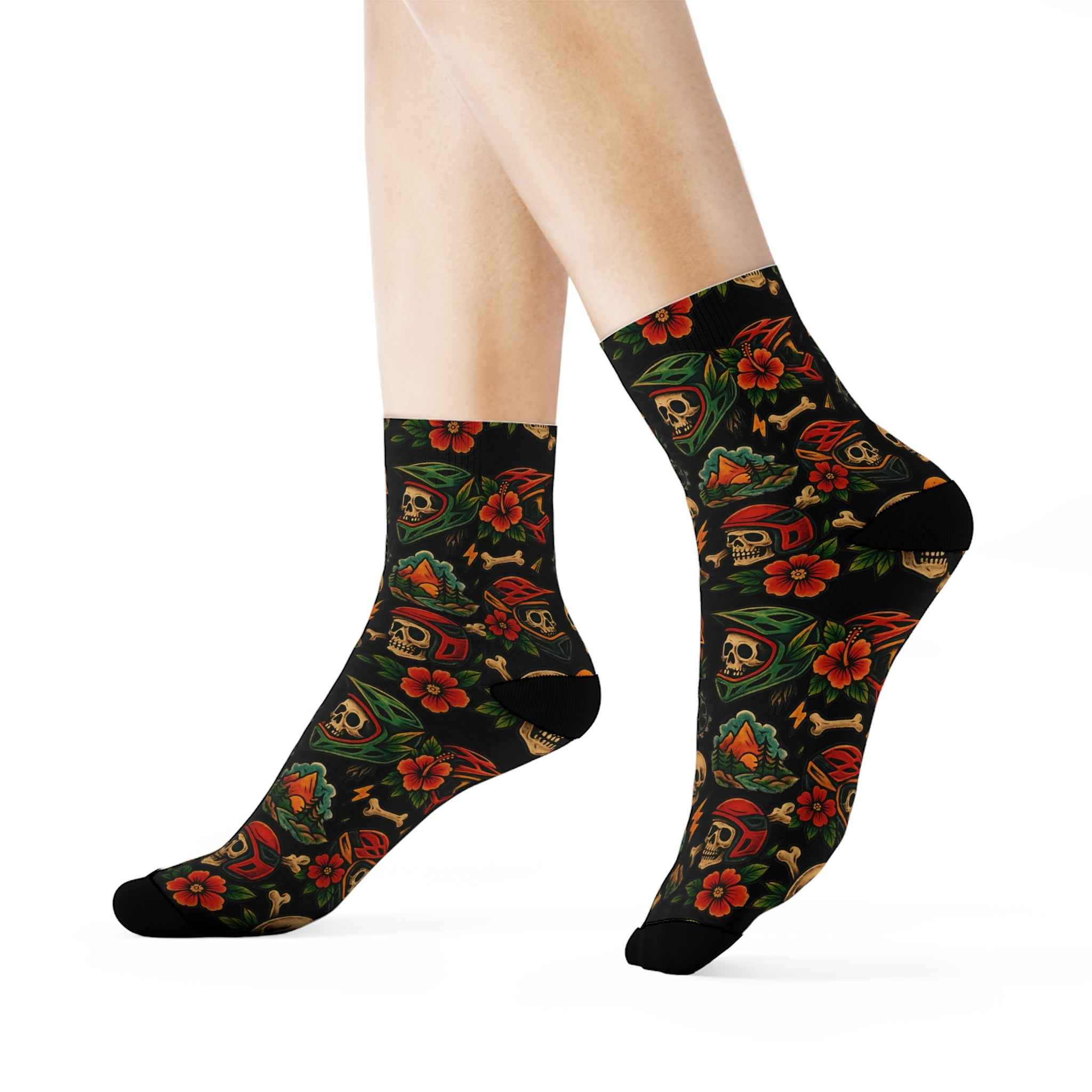 Vintage Skull Floral Crew Socks with bold tattoo-style skulls and red flowers, perfect for casual or biker fashion wear.