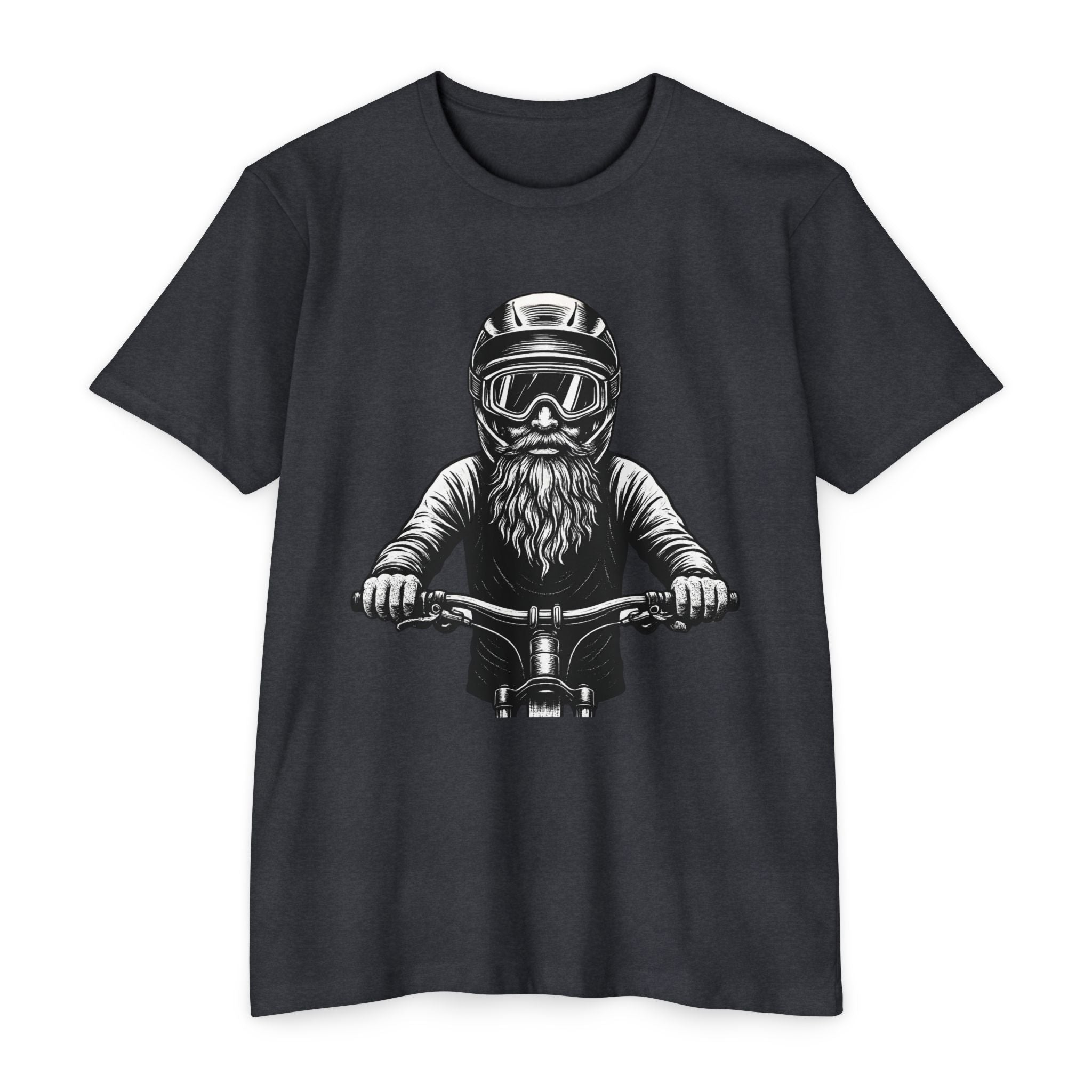 Dark heather vintage biker t-shirt with bold bearded rider graphic. Retro moto style meets comfort for MTB and motorcycle fans.