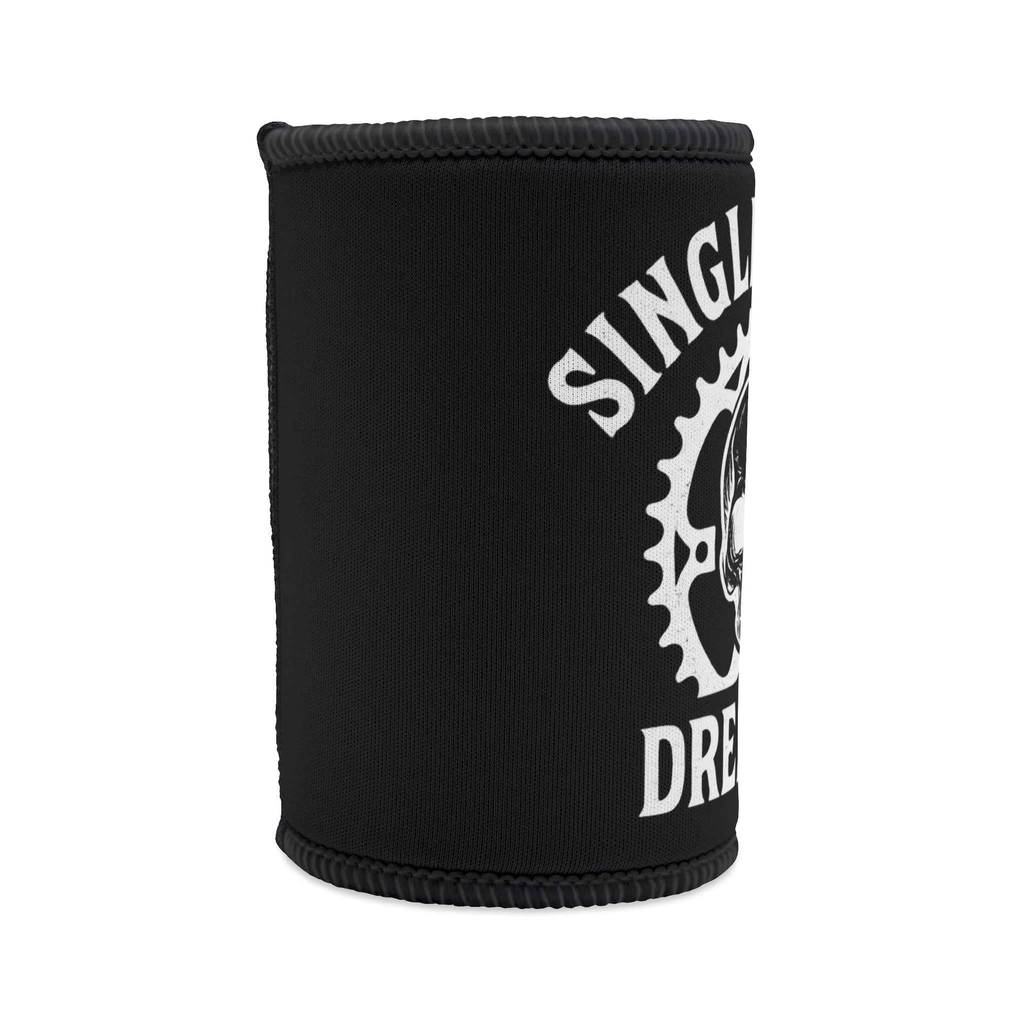 Skull Design Stubby Cooler - Single Track Dreamer featuring bold white skull and bike gear graphic on black neoprene sleeve. Ideal for MTB and biker fans.