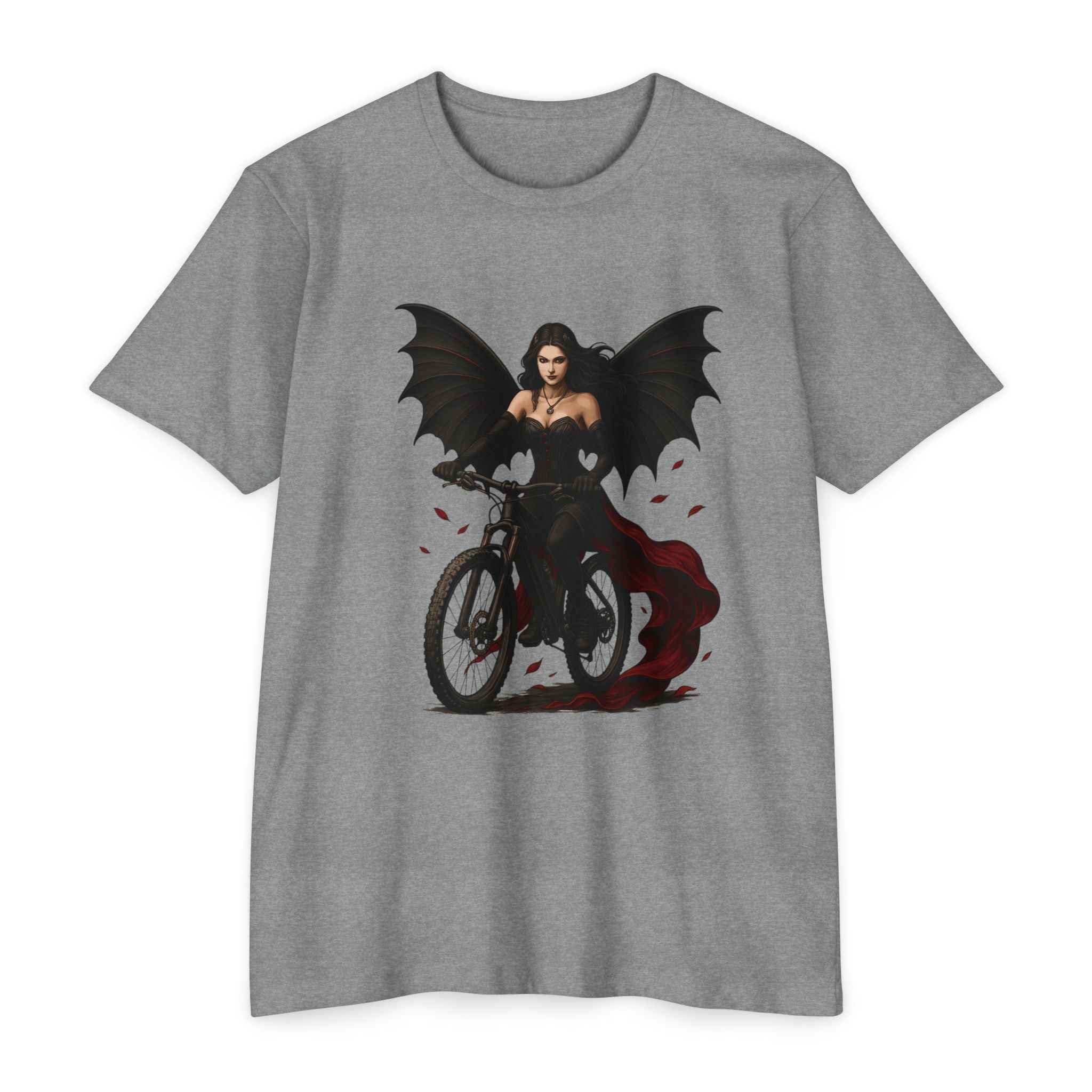 Gray Women's Mountain Bike T-Shirt with dark wings rider graphic, a stylish choice for outdoor adventure and alternative fashion lovers.