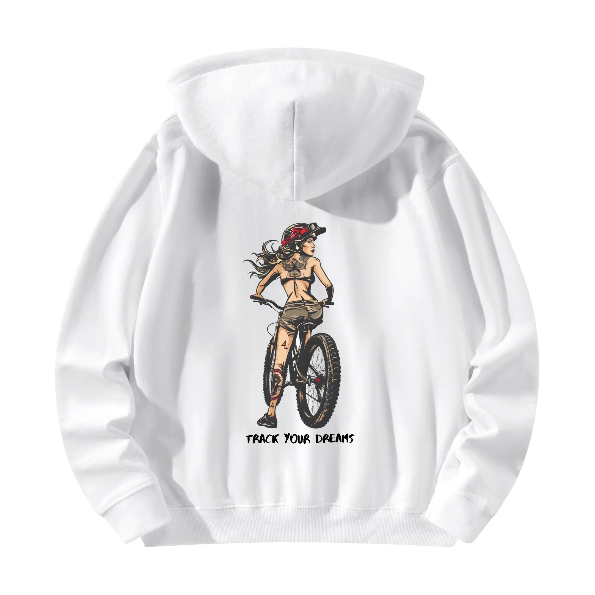 a white hoodie with an image of a woman riding a bike