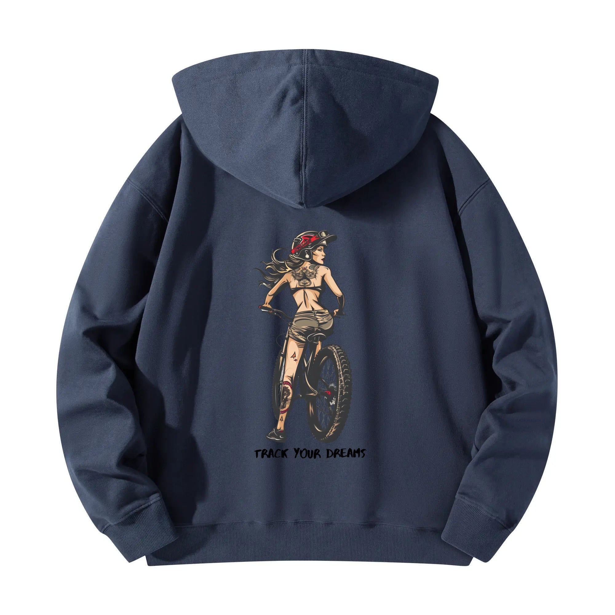 a blue hoodie with a woman riding a bike