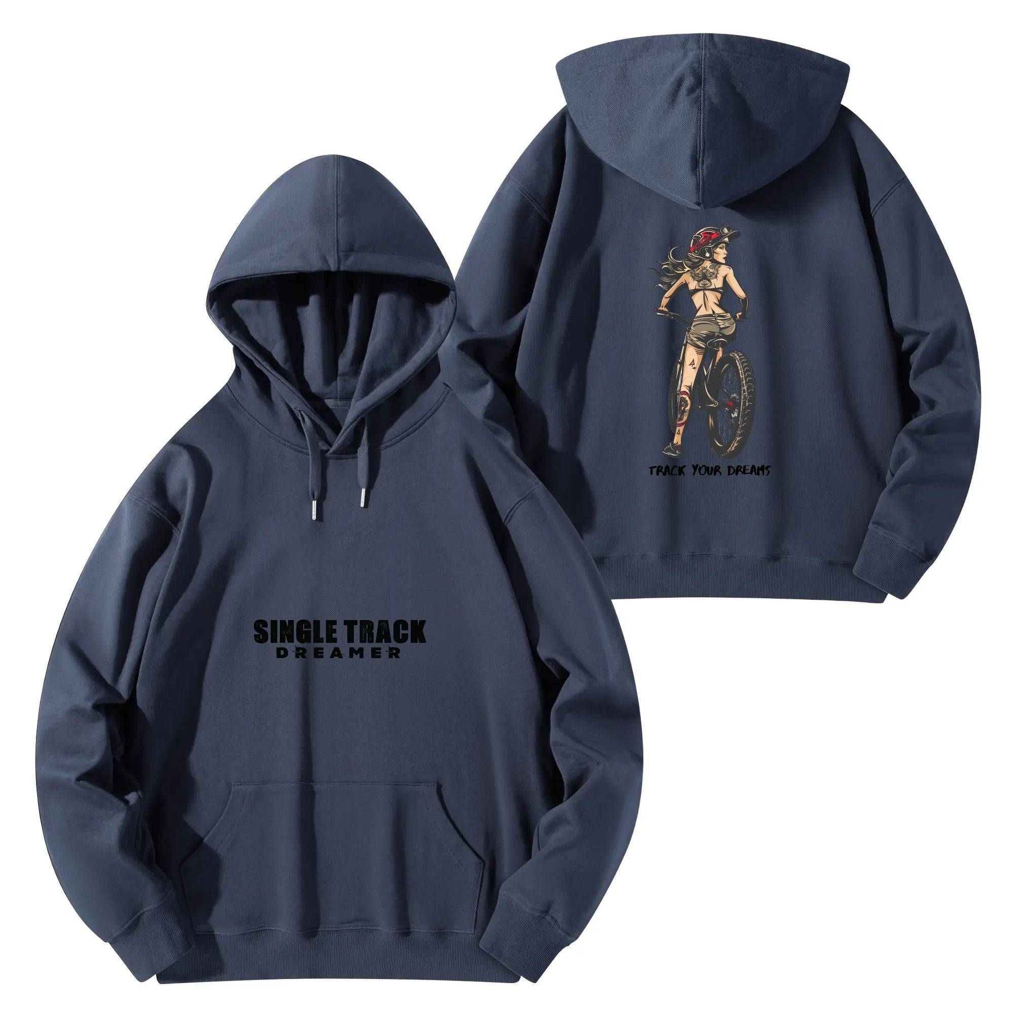 a blue hoodie with a picture of a woman riding a bike