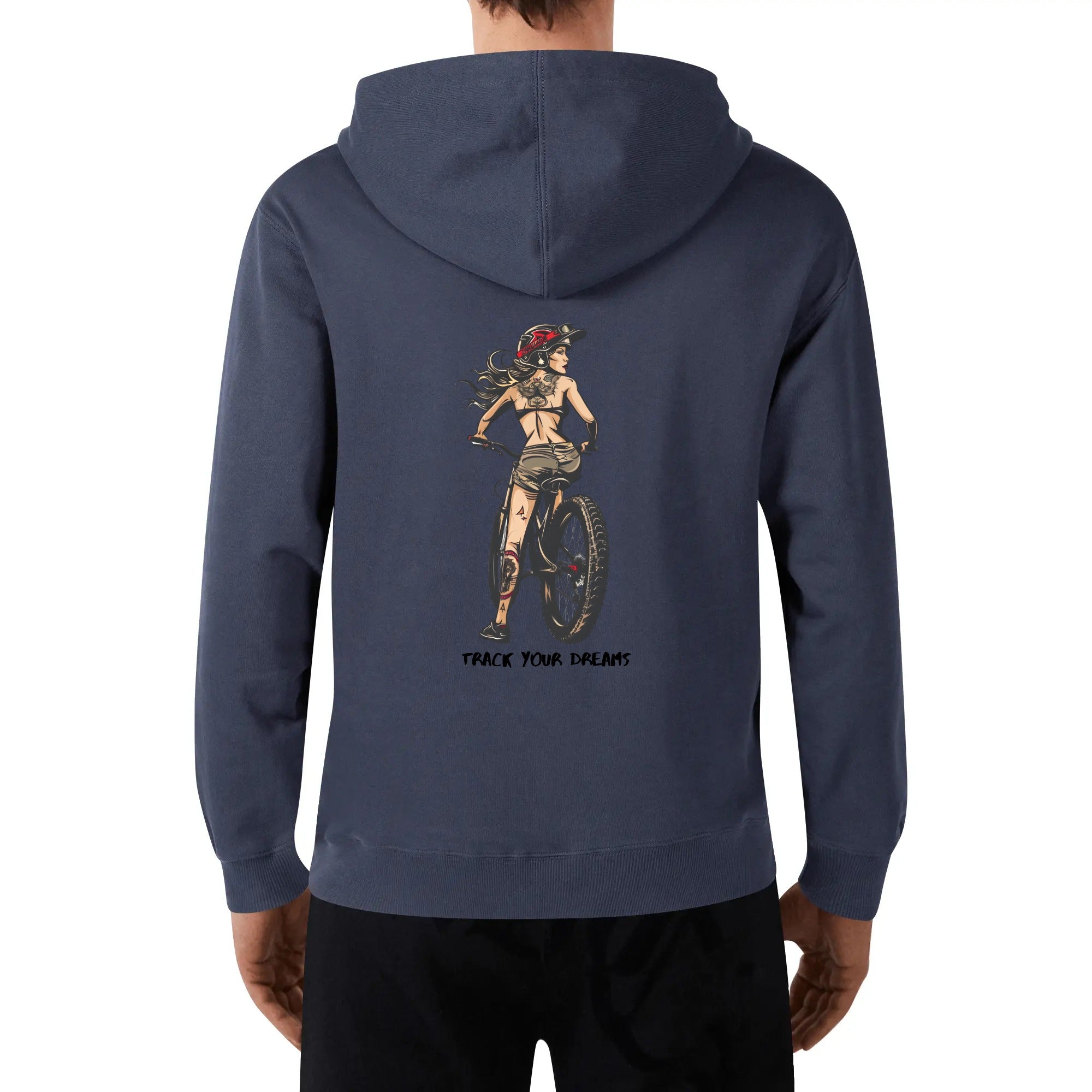 a man wearing a blue hoodie with an image of a woman on a bike