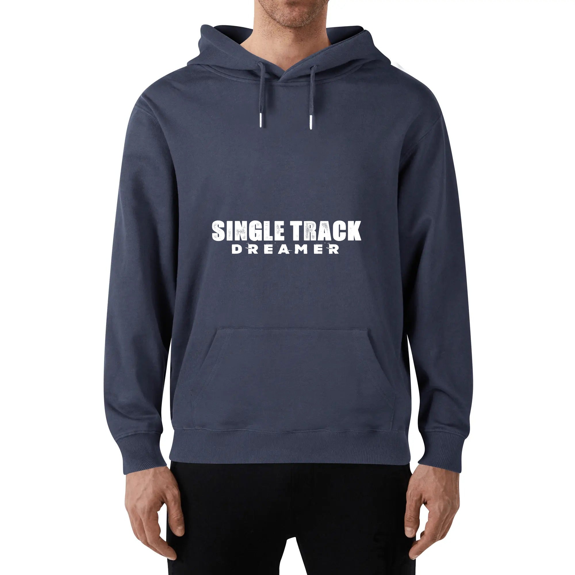 a man wearing a blue hoodie with the words single track on it