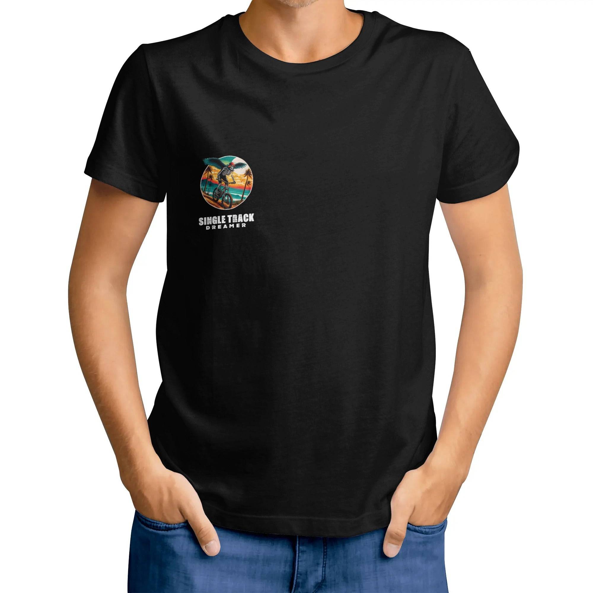 a man wearing a black t - shirt with a logo on it