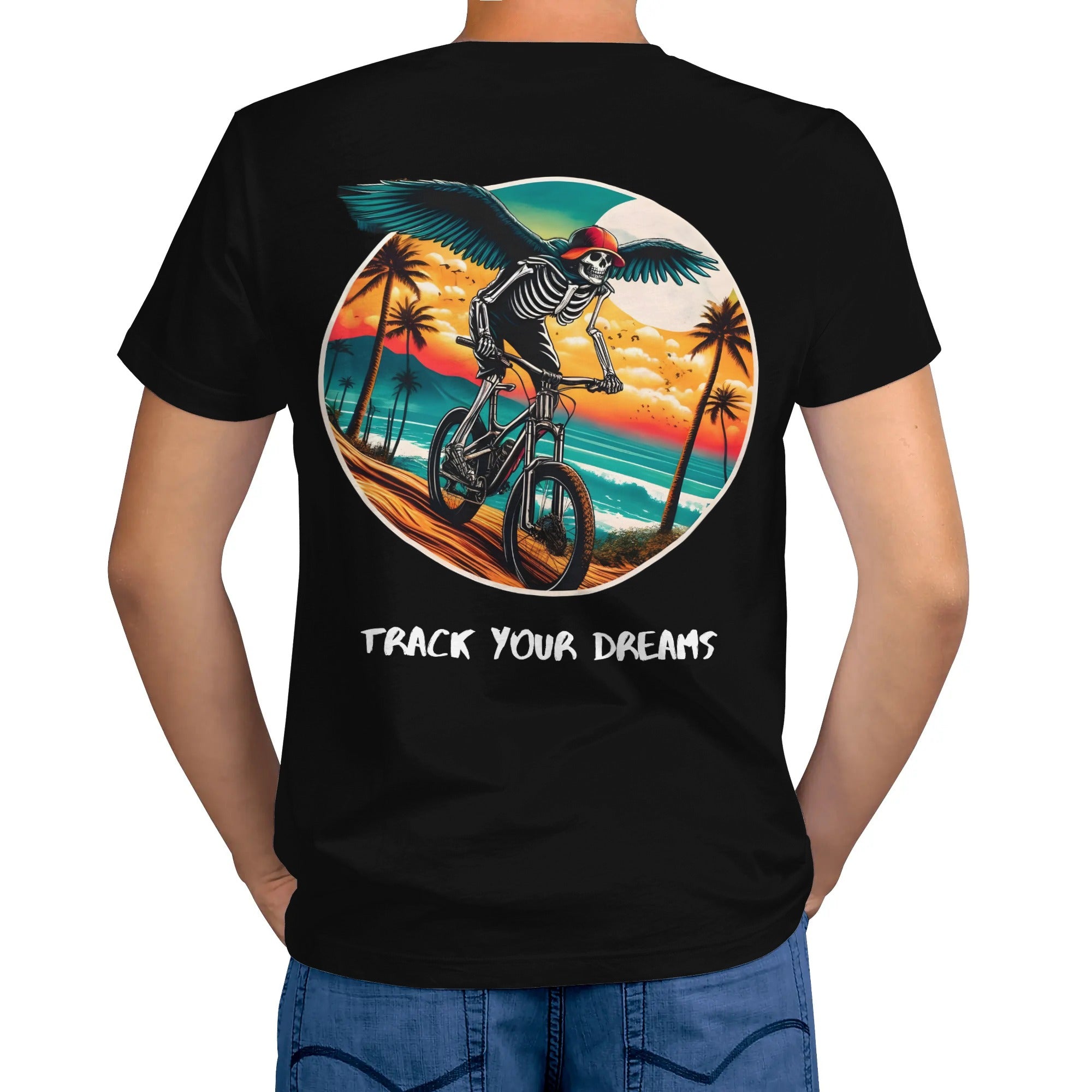 a man wearing a black t - shirt with a skeleton riding a bike