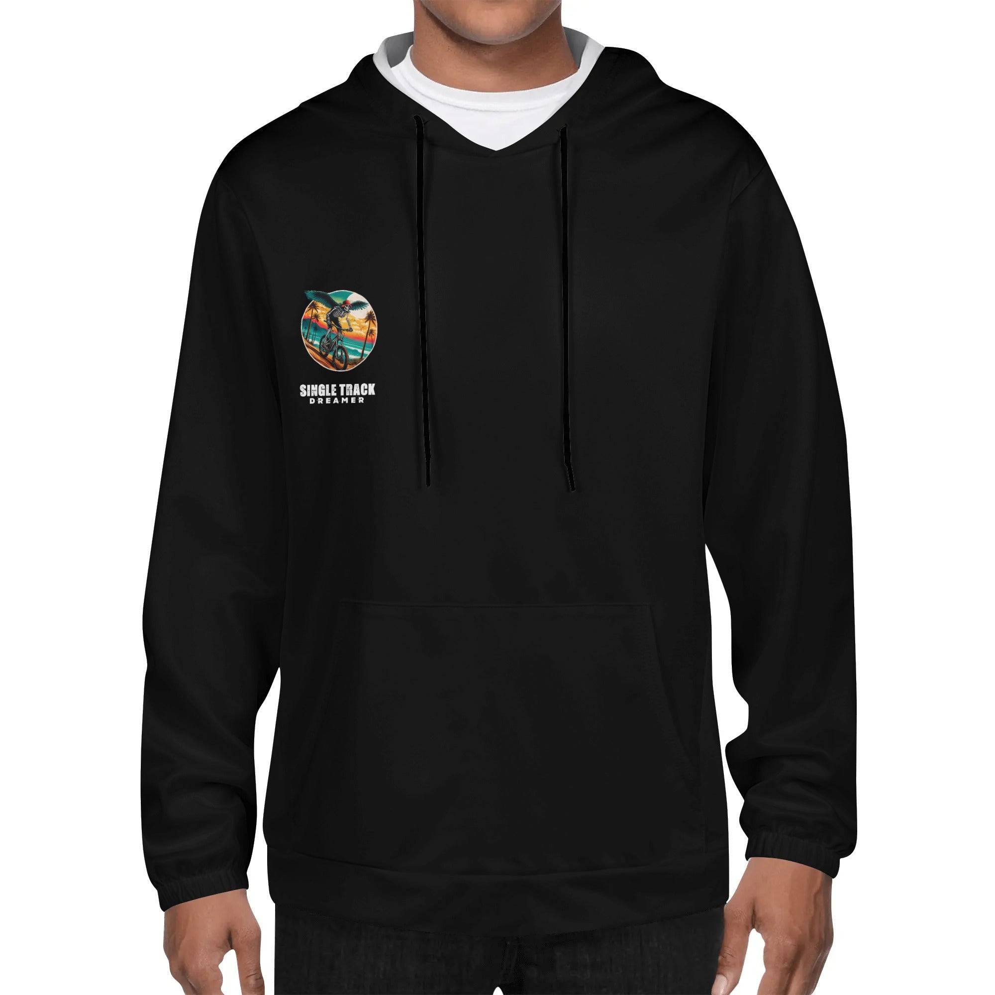 a young man wearing a black hoodie with a picture of a bird on it