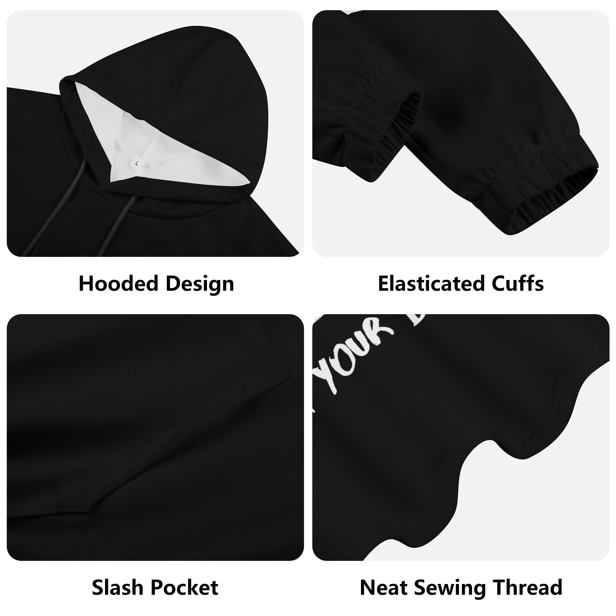 a black hoodie with the words hooded design and a white hoodie with