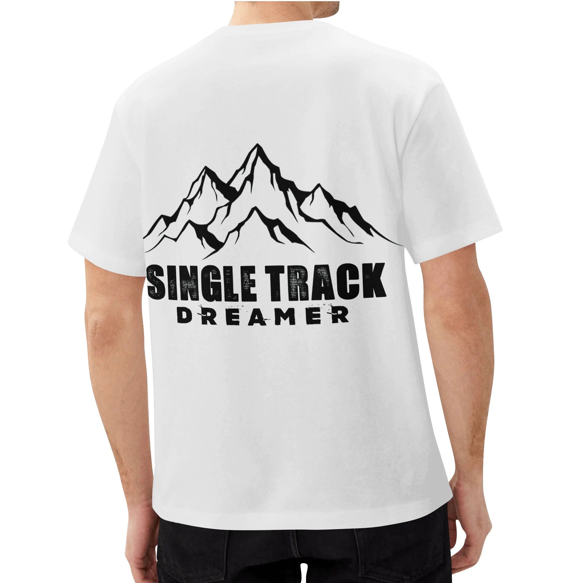 a man wearing a white t - shirt that says single track dream
