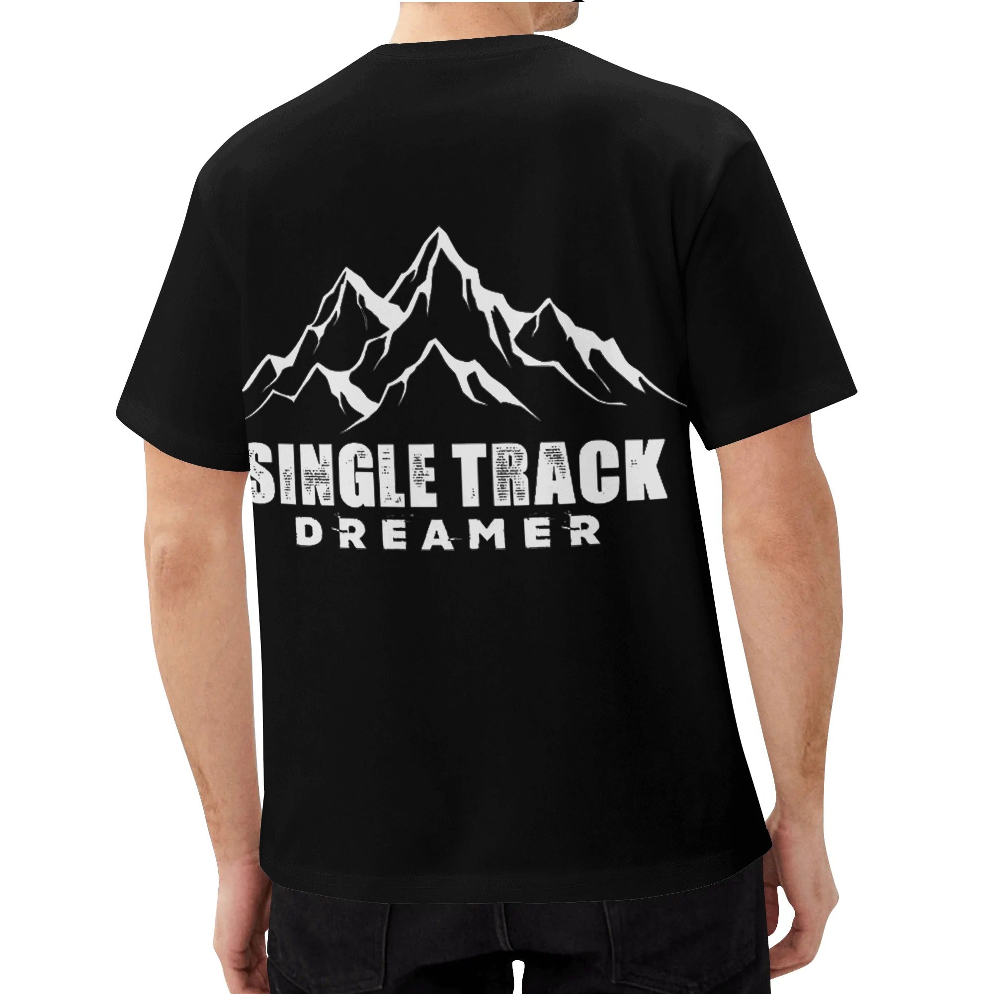 a man wearing a black single track t - shirt