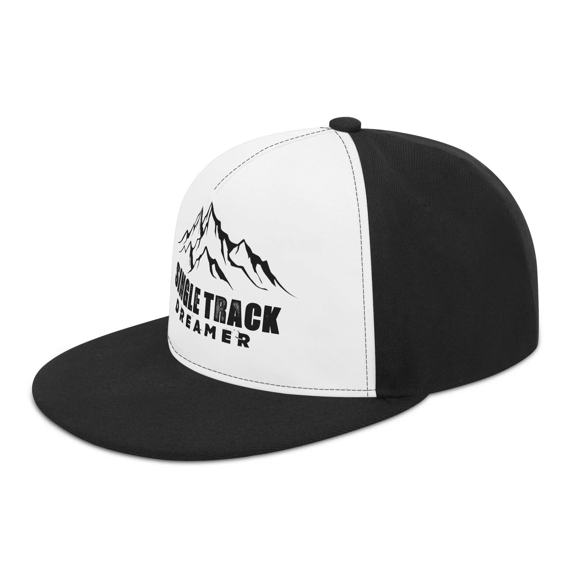 a black and white hat with a mountain on it