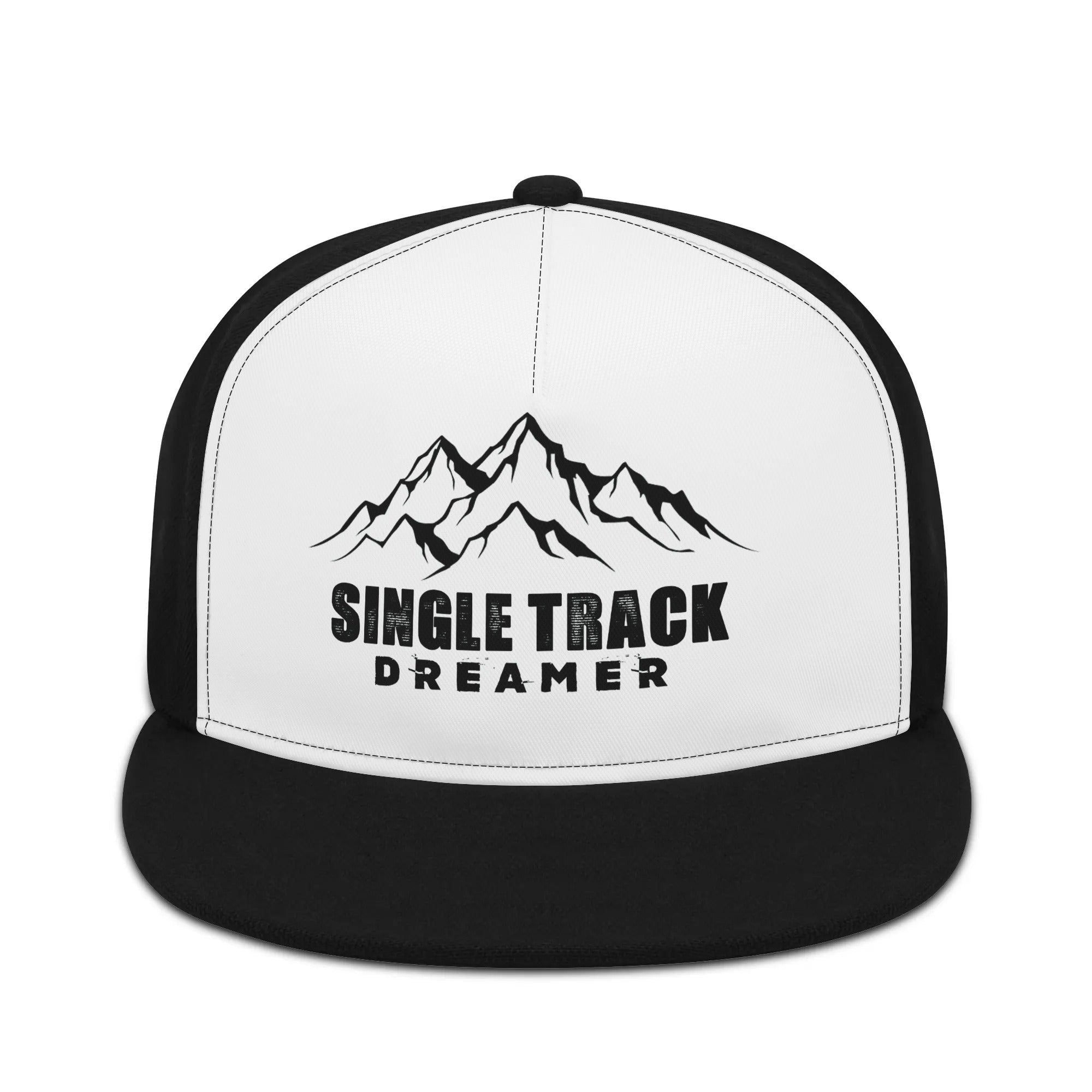 a white and black hat with the words single track on it
