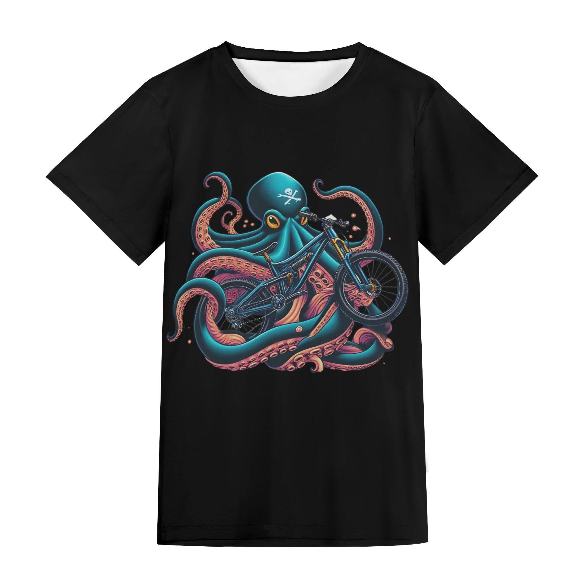a black t - shirt with an octopus riding a bike