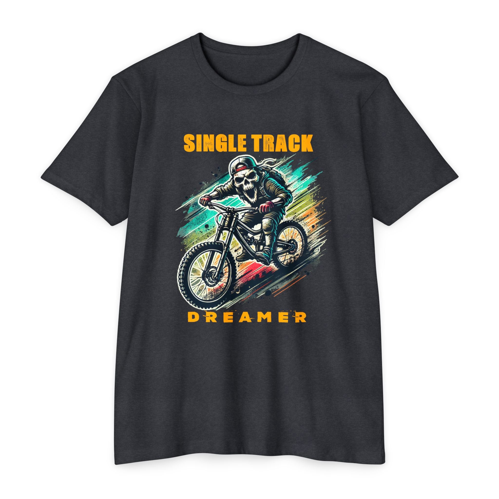Black t-shirt with a graphic of a skeleton riding a bike and text 'Single Track Dreamer' on a white background.