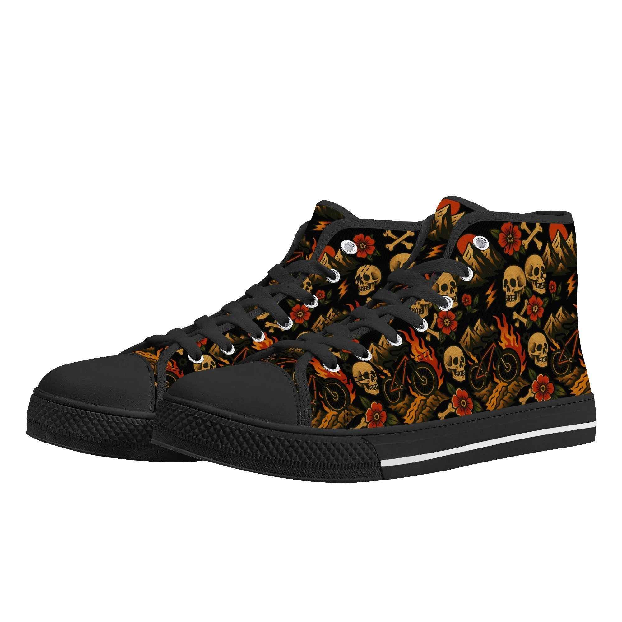 Men’s High Top Canvas Shoes | Flaming Skull MTB Edition featuring bold skull, flame, and mountain bike graphics in black and orange tones.