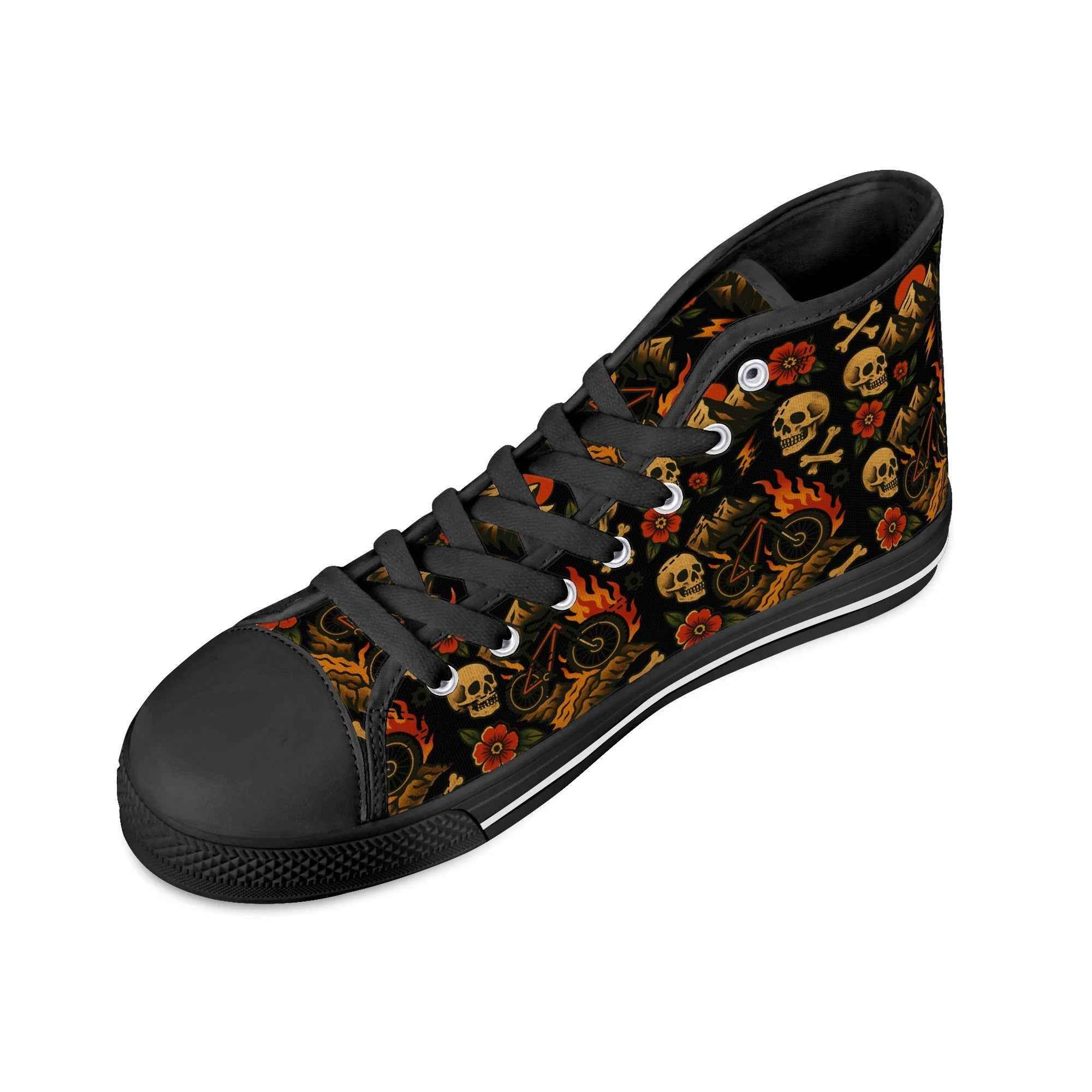Angled view of Flaming Skull MTB High Tops highlighting breathable canvas, lace-up front, and bold graphic print for trail and urban wear.