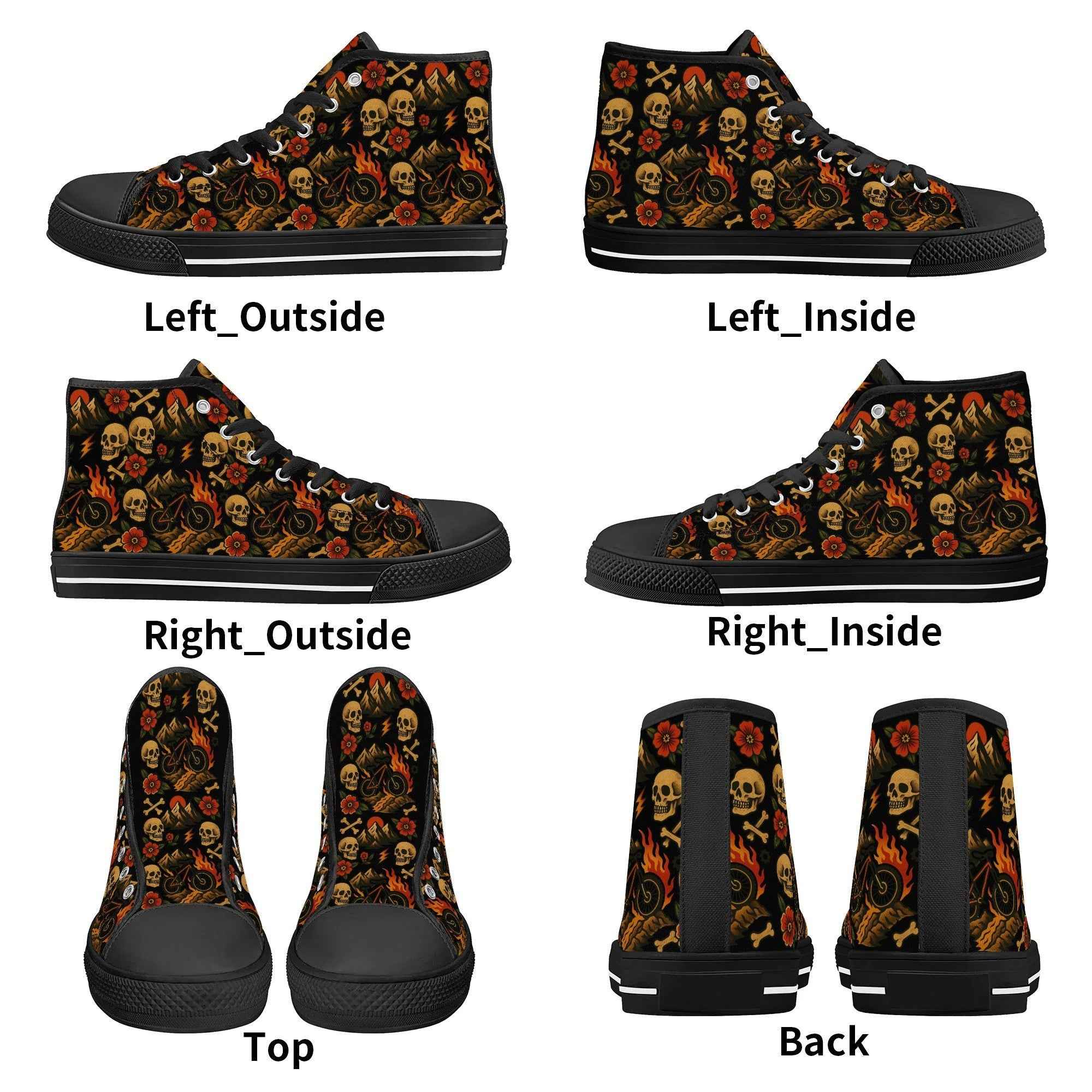 Multi-angle display of Men’s High Top Canvas Shoes with flaming skull design, showing all sides including top, back, and inner/outer profiles.