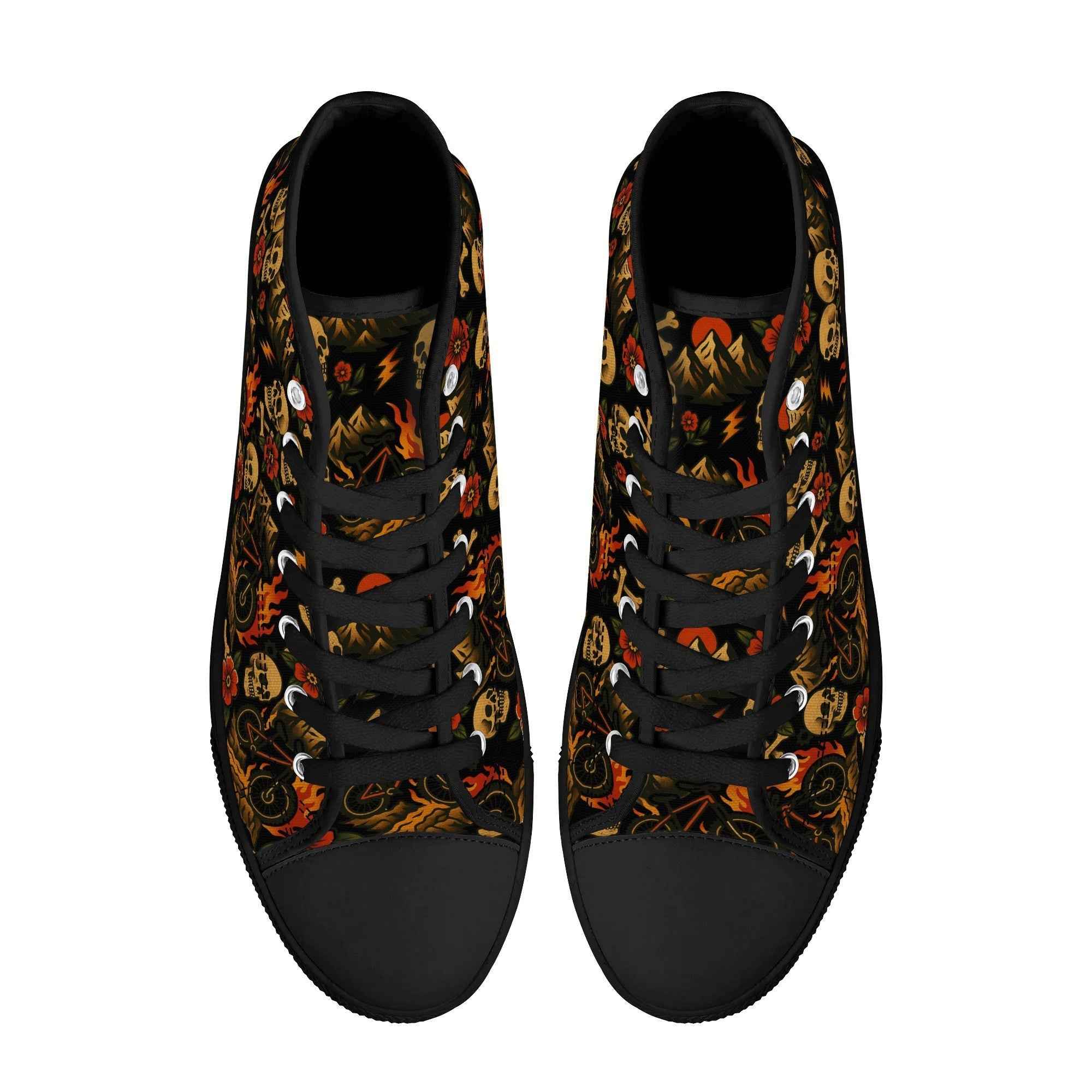 Top view of Flaming Skull Men’s High Tops showing symmetrical skull and flame artwork on tongue and upper canvas, ideal for MTB streetwear style.