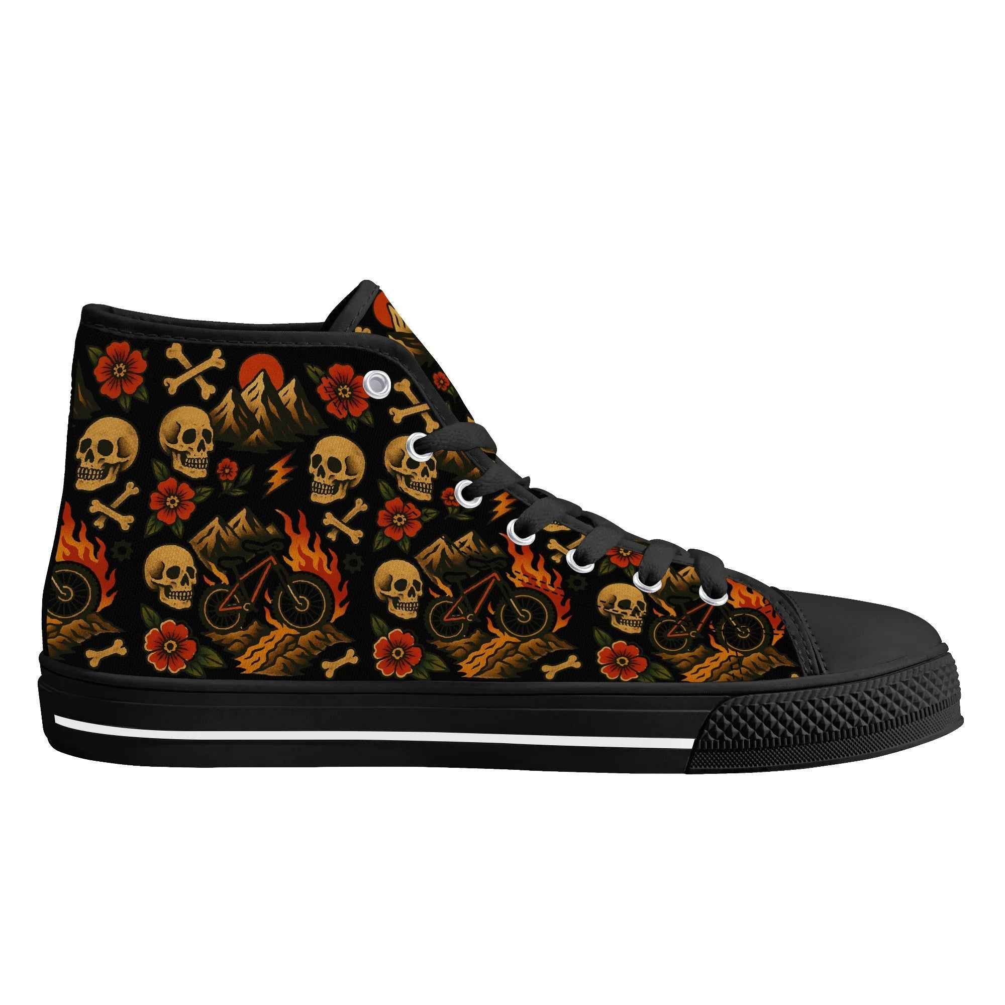 Right side of Flaming Skull MTB Edition High Tops featuring bold skull and flame graphics, ideal for mountain bike fashion and street style.