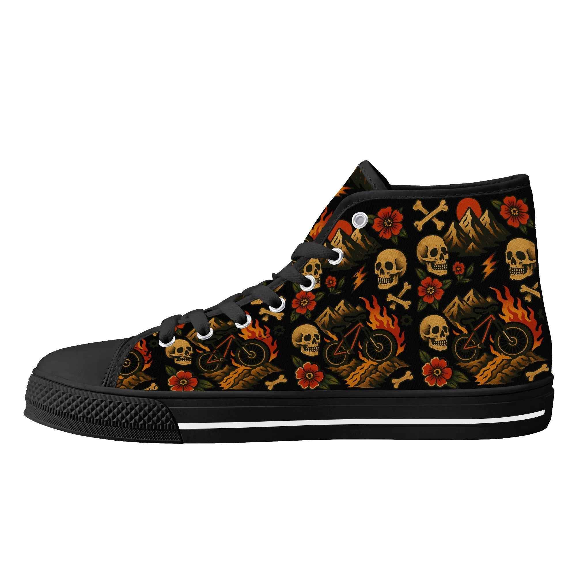 Opposite side view of Men’s High Top Canvas Shoes with vintage tattoo-inspired skull and bike prints, designed for MTB riders and bold fashion.