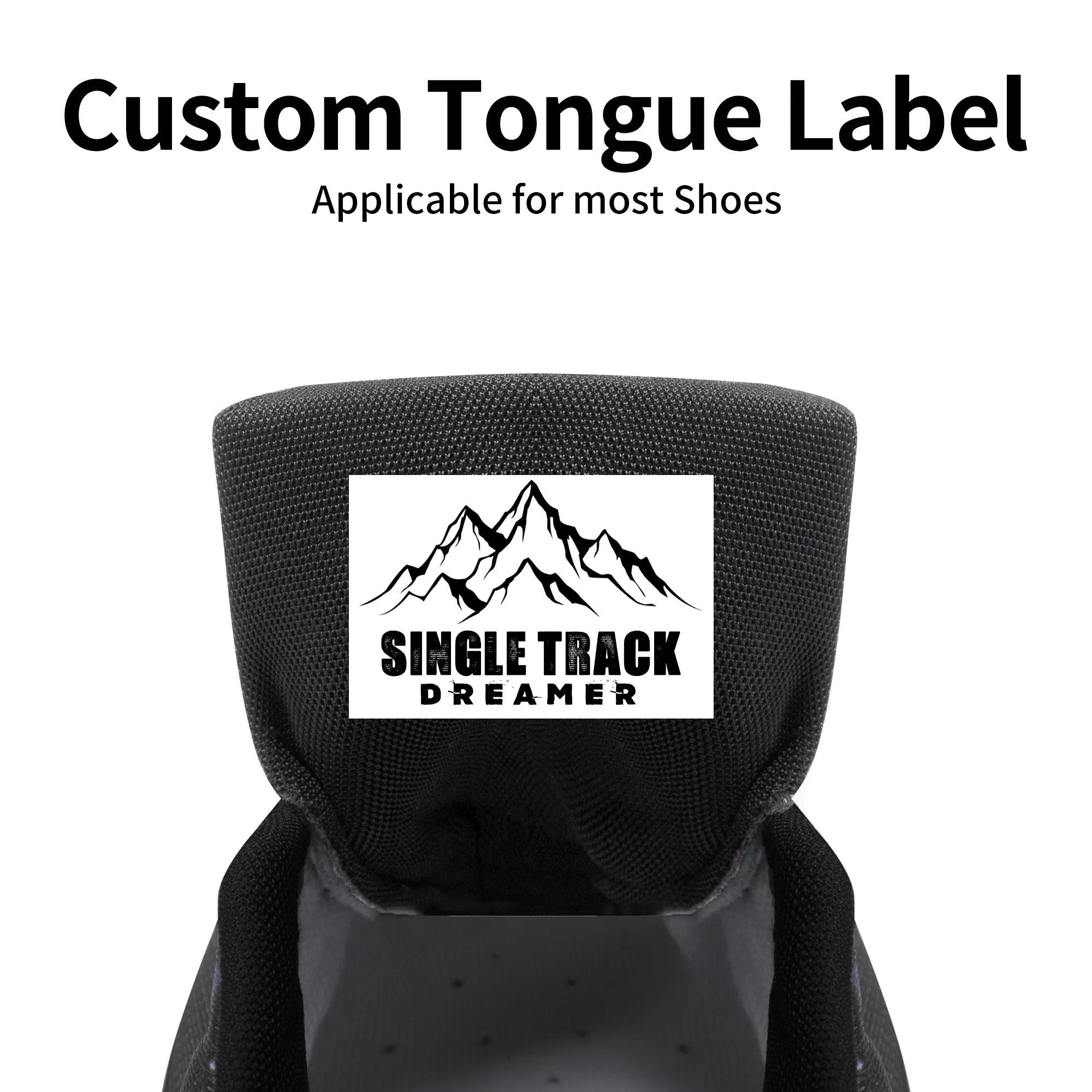 Custom tongue label option for Skull Crown Sneakers featuring 'Single Track Dreamer' mountain logo for personalized footwear.
