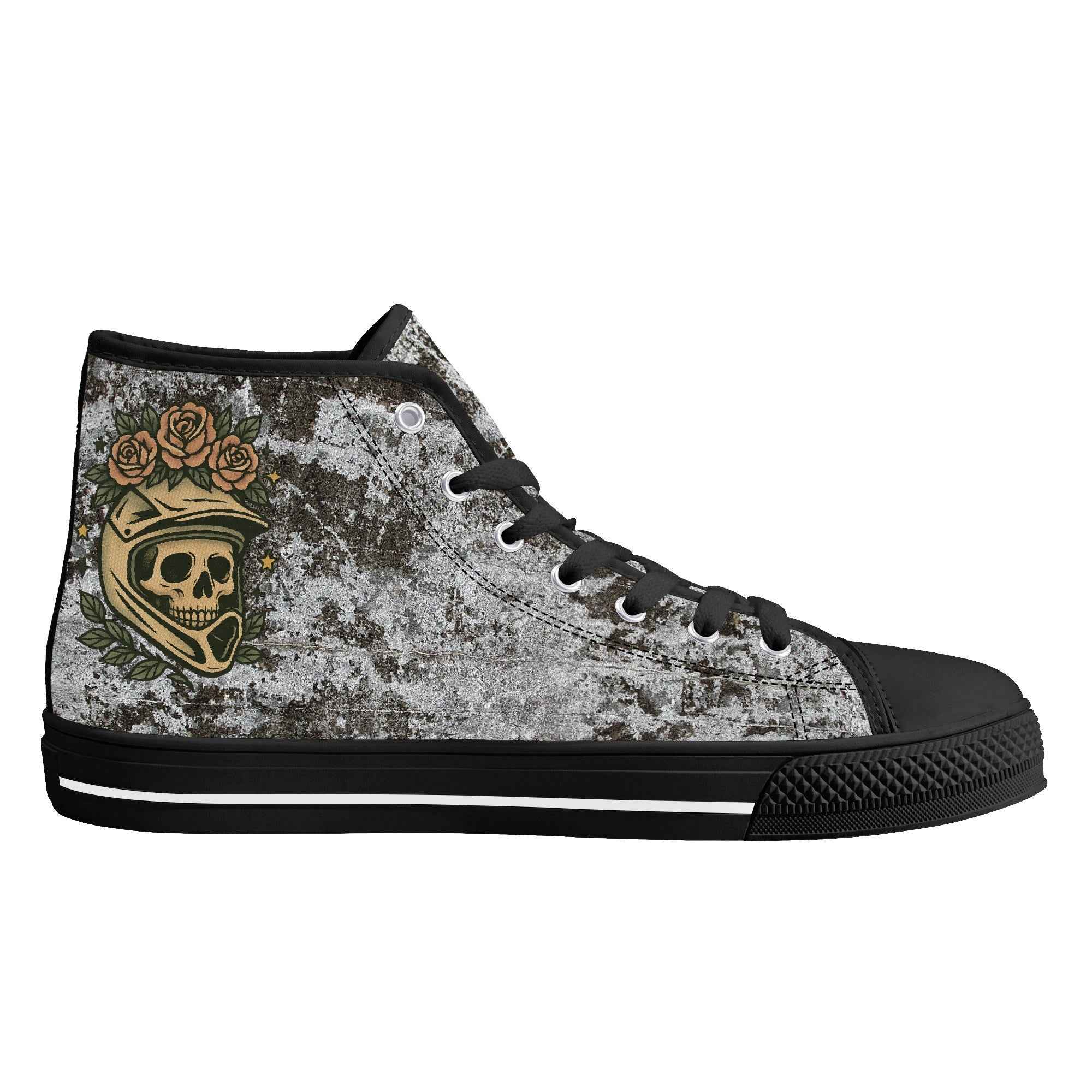 Right side of Skull Crown High Tops with bold skull-crown design and durable black sole for urban grunge footwear fans.