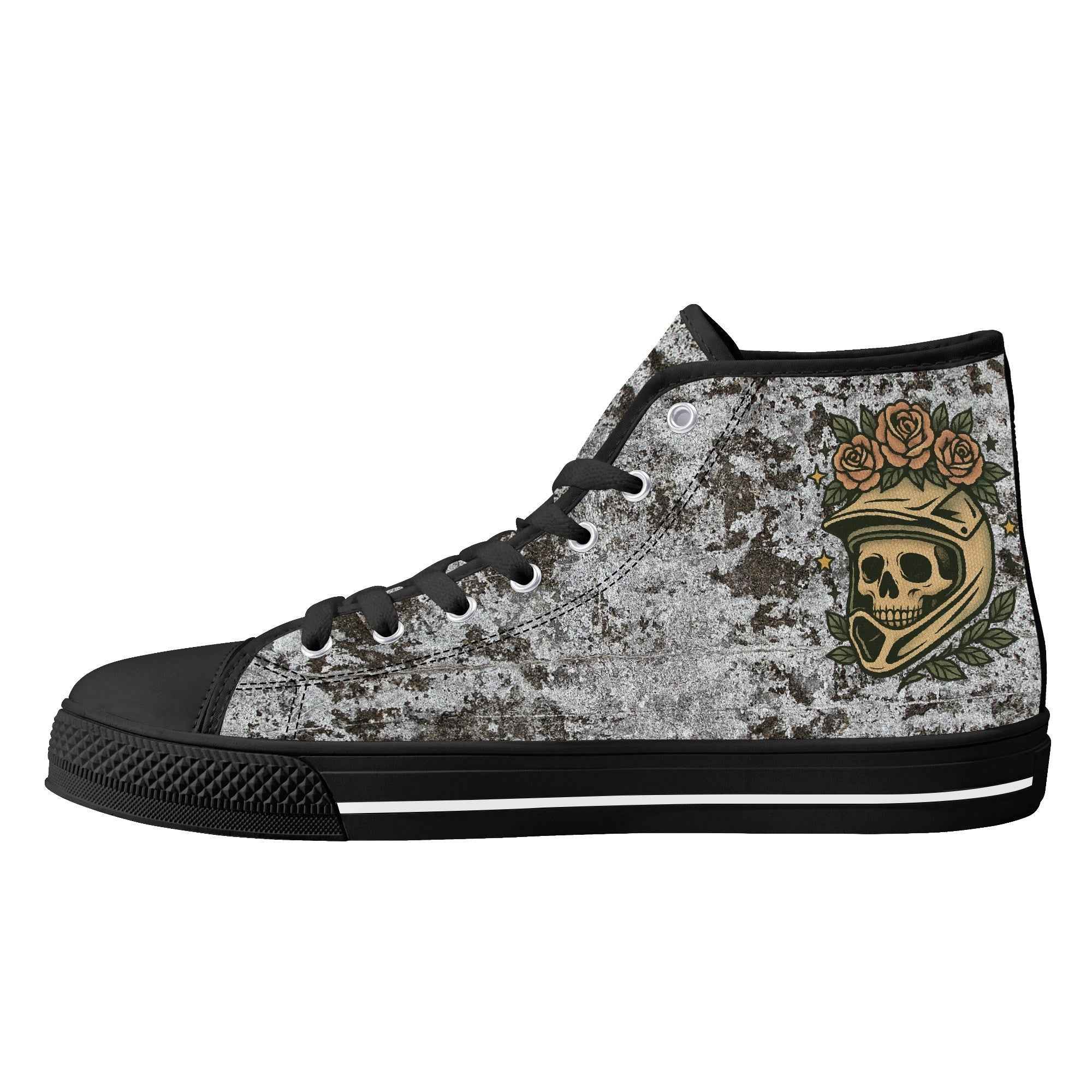 Right outside view of Skull Crown Sneakers highlighting artistic skull and crown print for punk rock and MTB style shoes.