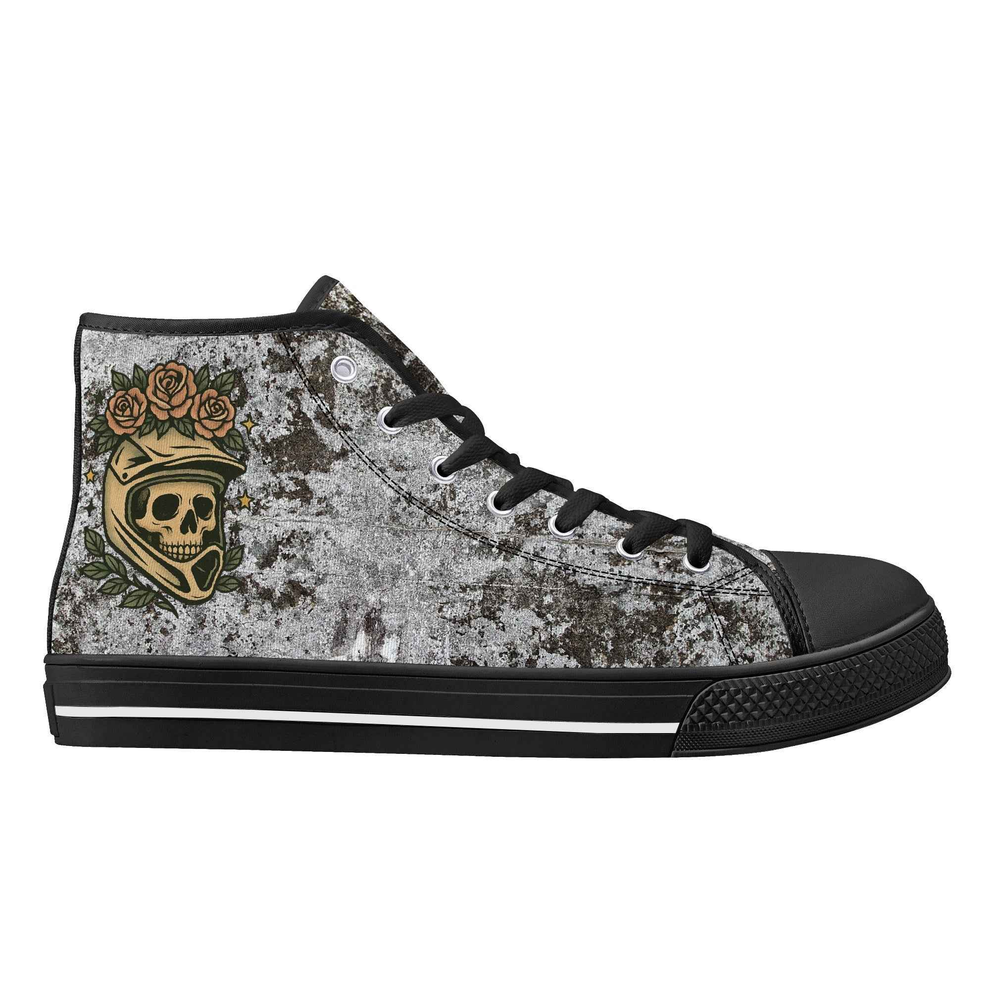 Left outside view of Skull Crown High Tops with custom skull artwork and floral crown for unique high top shoe lovers.
