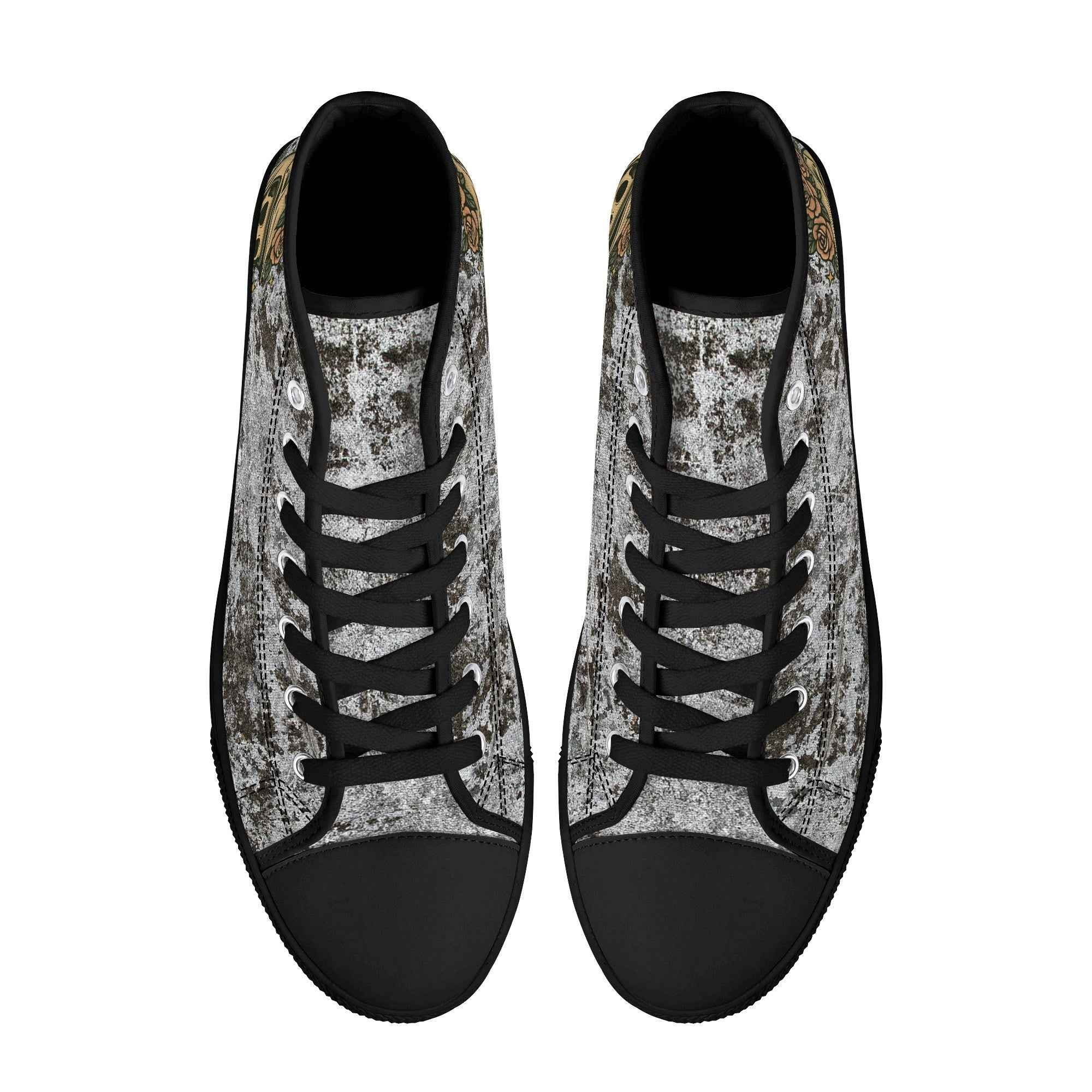 Top view of Skull Crown High Top Sneakers showing black laces and rugged canvas design for alternative fashion lovers.