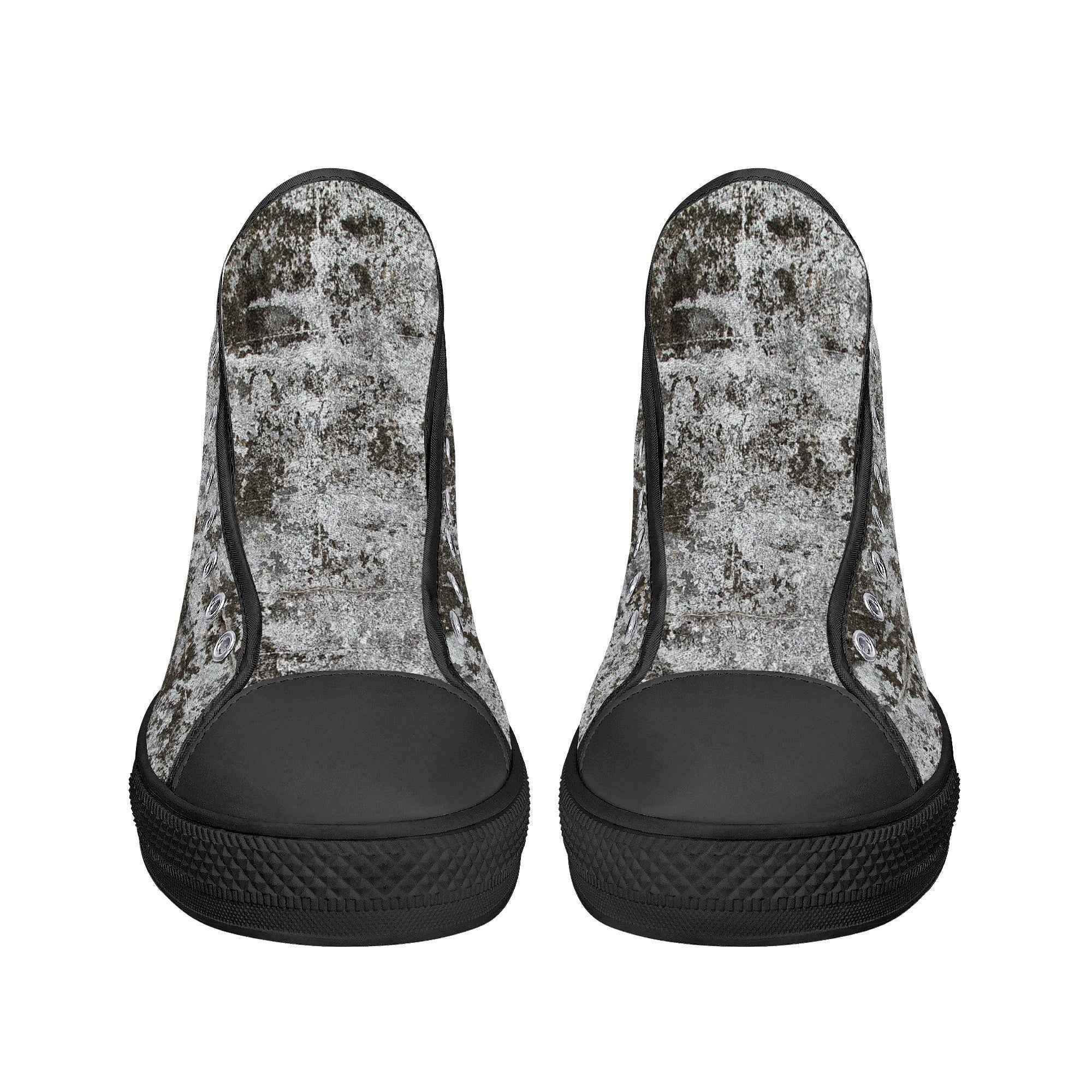 Front view of Skull Crown High Top Sneakers with black toe caps and grunge texture for a hardcore fashion statement.