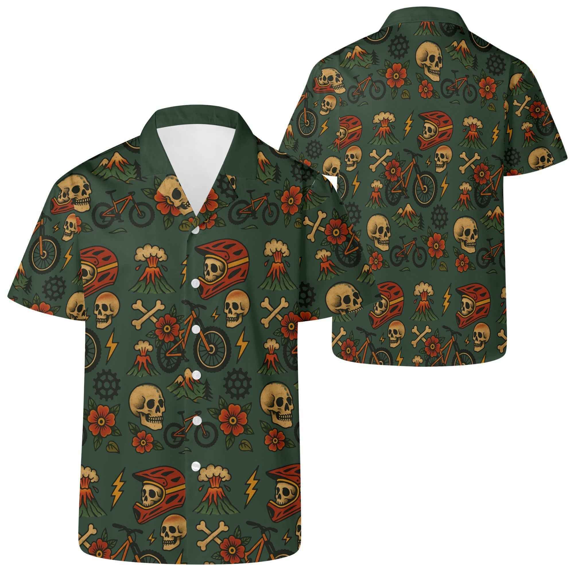 Mountain Bike Skull Shirt - Hawaiian Style Riders featuring skulls, bikes, helmets, and floral prints on dark green fabric, front and back view.
