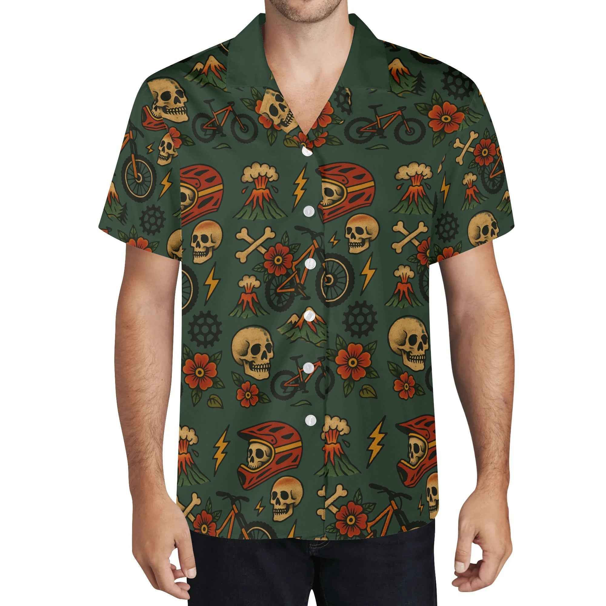 Bold Skull Hawaiian Mountain Bike Shirt modeled from the front, showcasing vibrant biker-themed icons and tropical elements for riders.