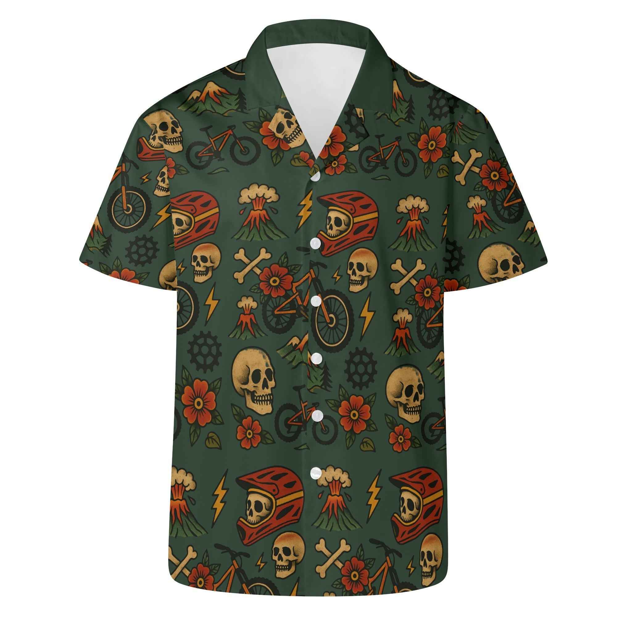 Front flat lay of Skull Hawaiian Mountain Bike Shirt with detailed biker and skull graphics, perfect for edgy cycling lifestyle apparel.