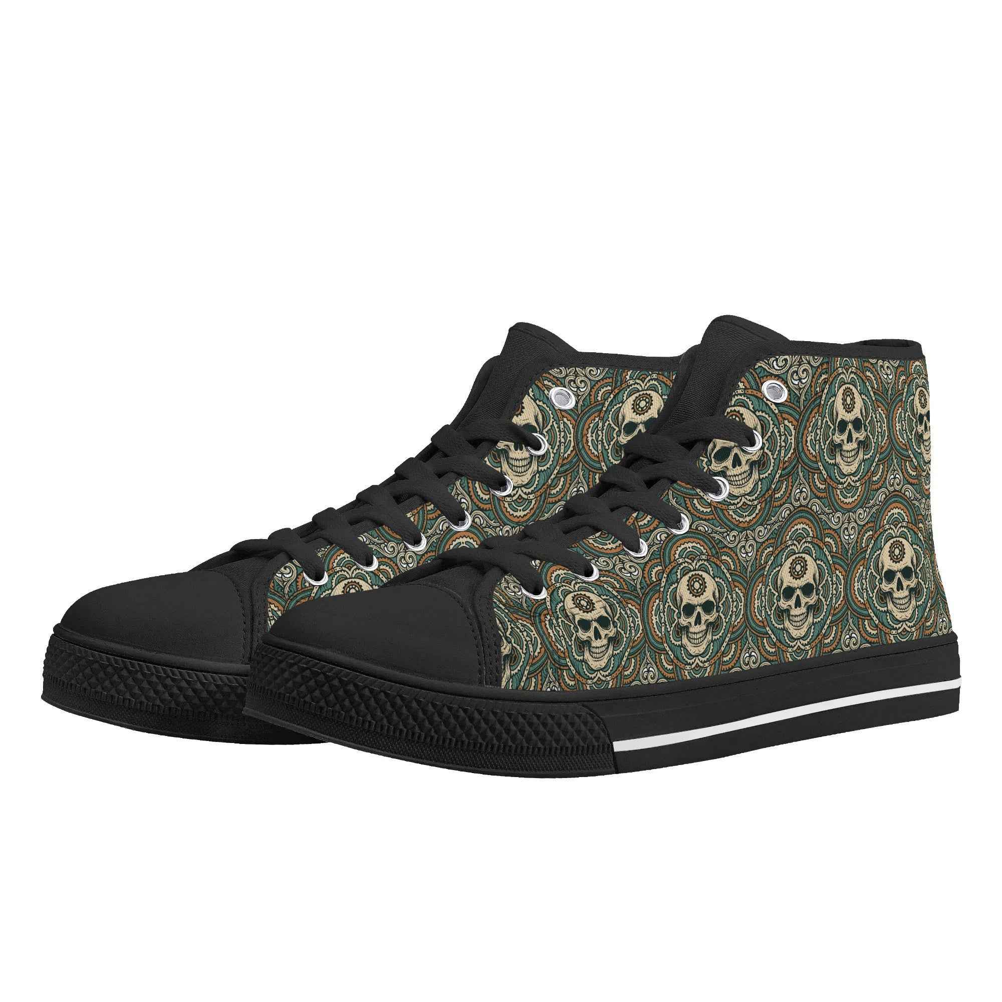 Womens Skull Mandala Canvas Shoes with black toe cap and artistic skull pattern, ideal for all-season streetwear and alternative fashion.