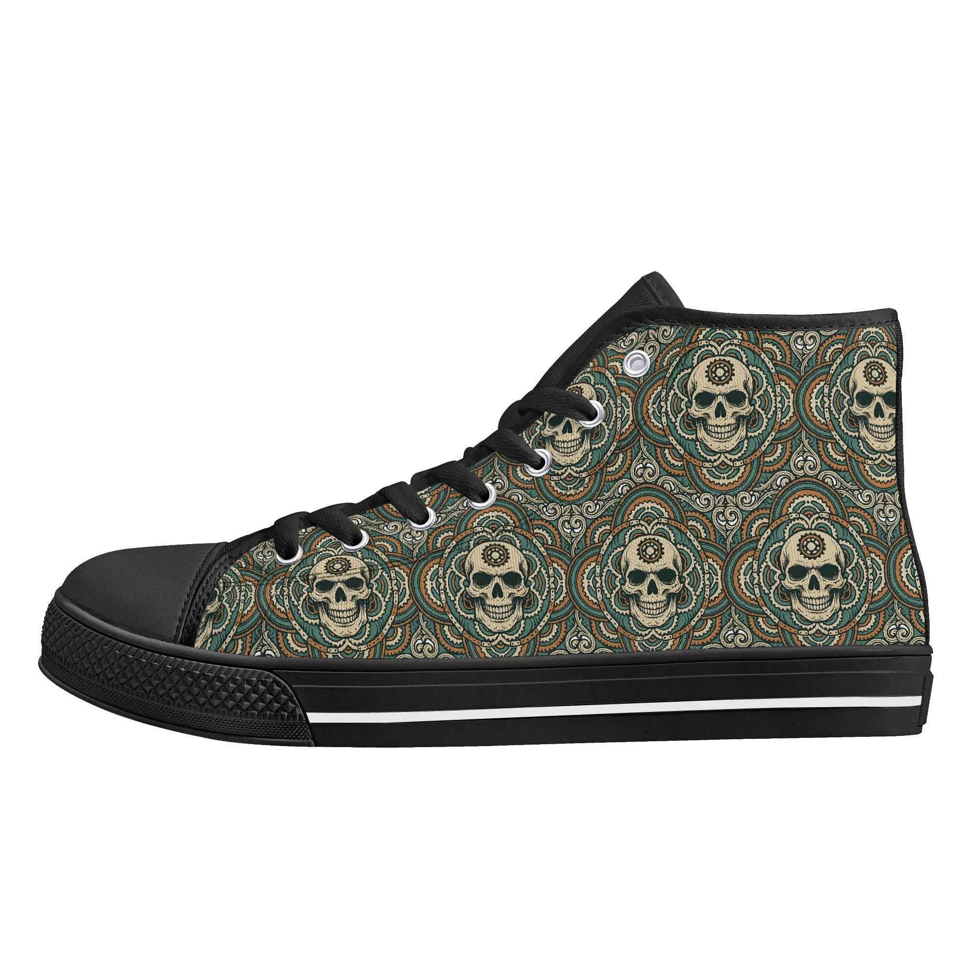 Side view of Womens Skull Mandala Canvas Shoes featuring intricate mandala skull design and durable black rubber sole for everyday wear.