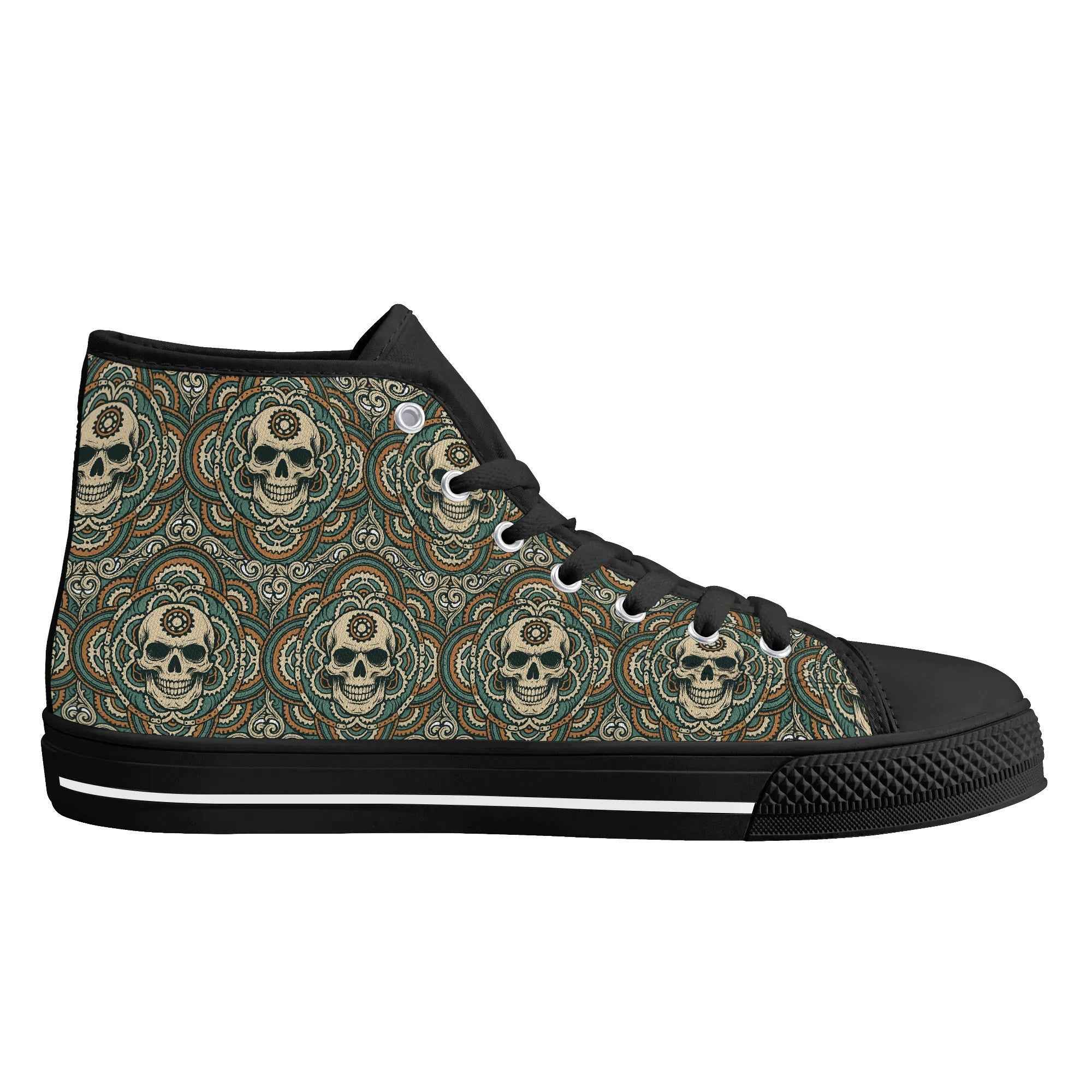 Left side of Womens Skull Mandala Canvas Shoes showcasing edgy skull mandala artwork on breathable canvas, perfect for gothic and grunge styles.