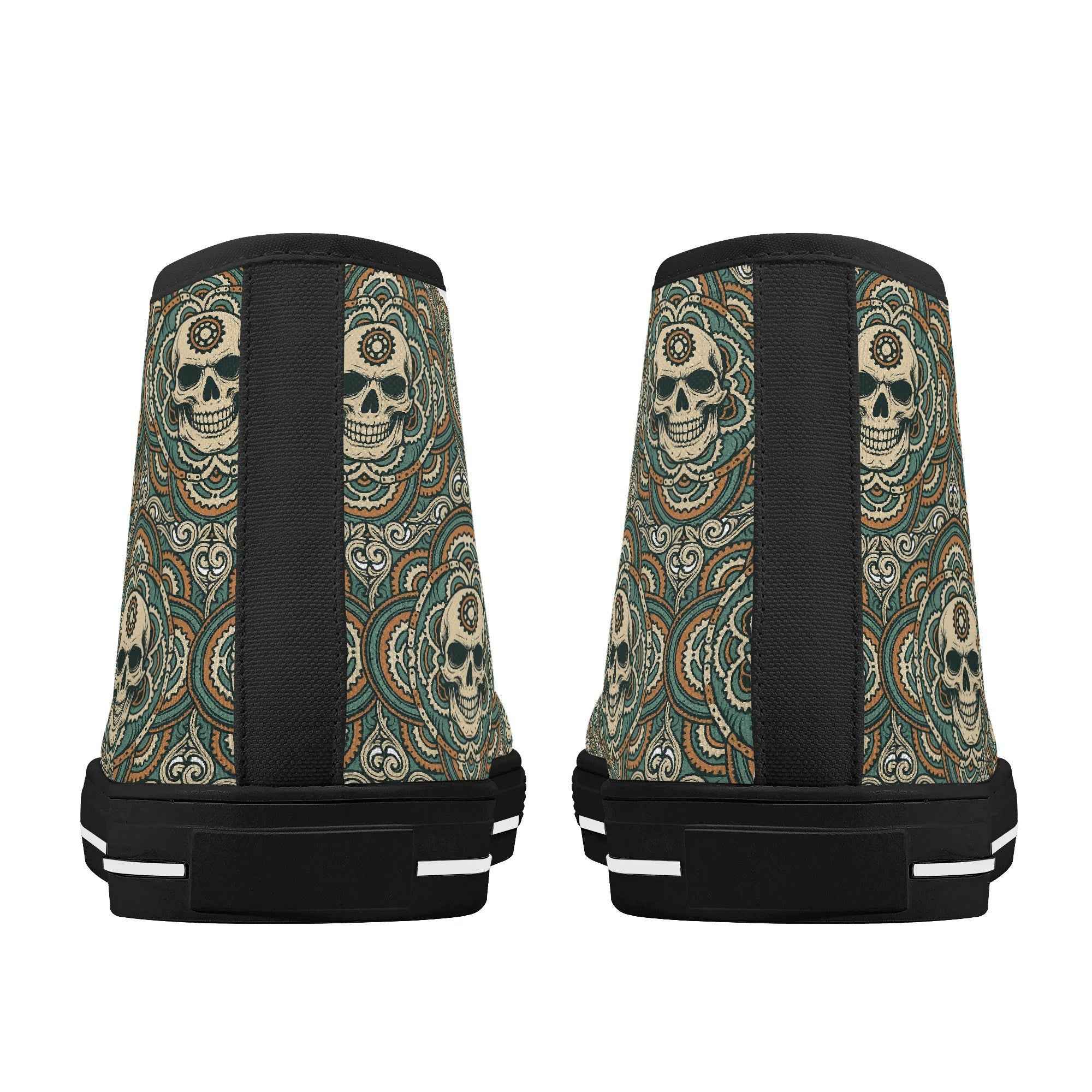 Back view of Womens Skull Mandala Canvas Shoes with centered skull mandala print and black heel stripe, ideal for streetwear and biker style.